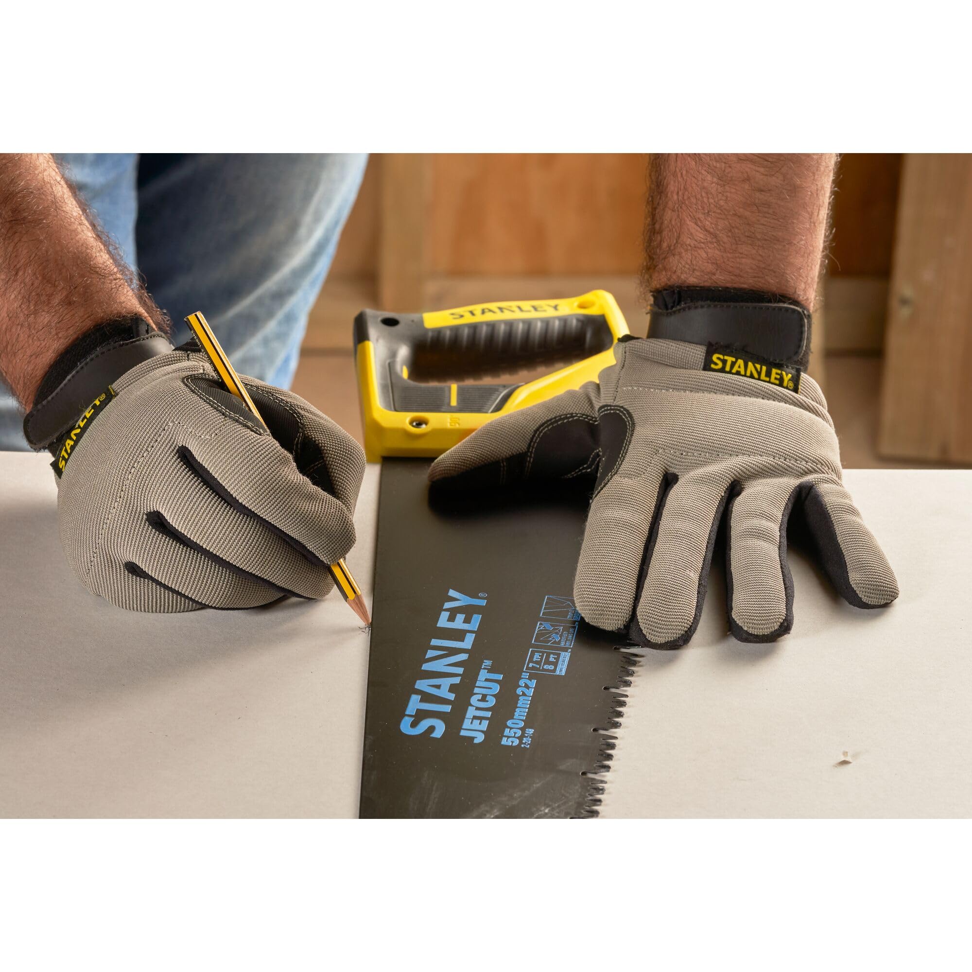 STANLEY JetCut Gipskartonsäge Appliflon (550 mm Klingenlänge, 45°/90°Anschlag, Hardpoint-Verzahnung, Bi-Material) 2-20-149