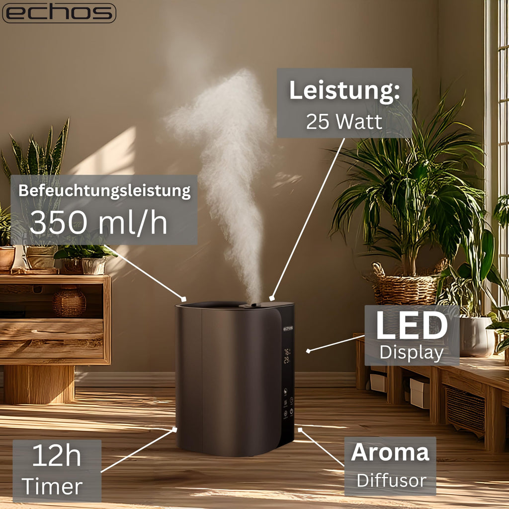 Steinborg® Luftbefeuchter 5 Liter Ultraschall Vernebler mit Fernbedienung Luftreinigungsgerät Luftreiniger Hygrometer LED-Touch-Display ultra leise leistungsstark 350ml/h Öl Aroma Fach Timer Auto-Stop