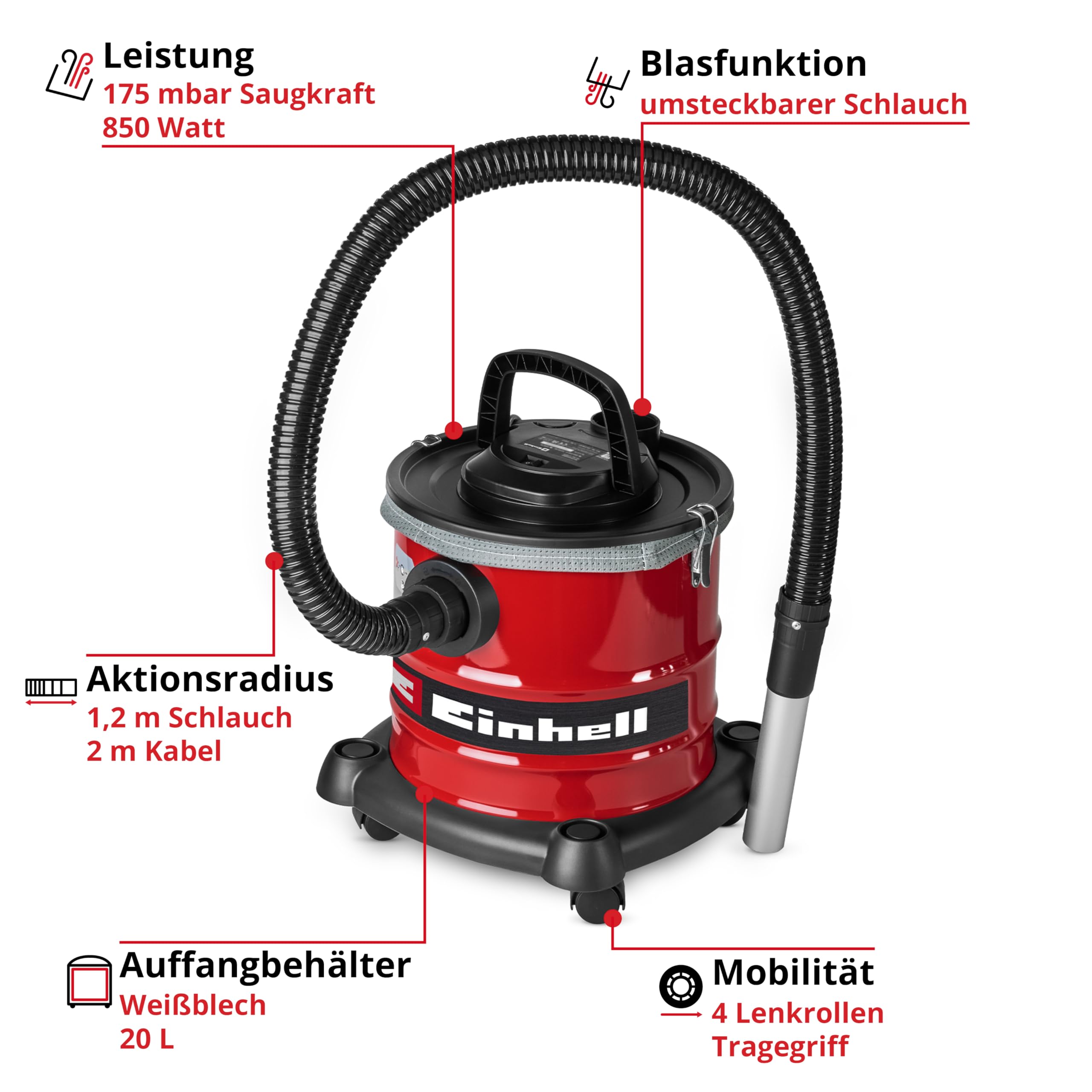 Einhell Aschesauger TC-AV 2032 DW (850 W, 175 mbar Saugleistung, 20 L Auffangbehälter, Faltenfilter, Feinstaubvorfilter, Blasfunktion, 1,2 m Schlauch, 2 m Kabel)