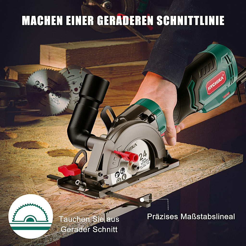 HYCHIKA Handkreissäge, 750W Kreissäge 3500U mit 3 Sägeblättern (115 und 125mm) mit Führungsschiene Max Schnitttiefe 48mm(90°)/32mm(45°), mini Kreissäge für Holz, Weichmetall, Fliesen u.s.w