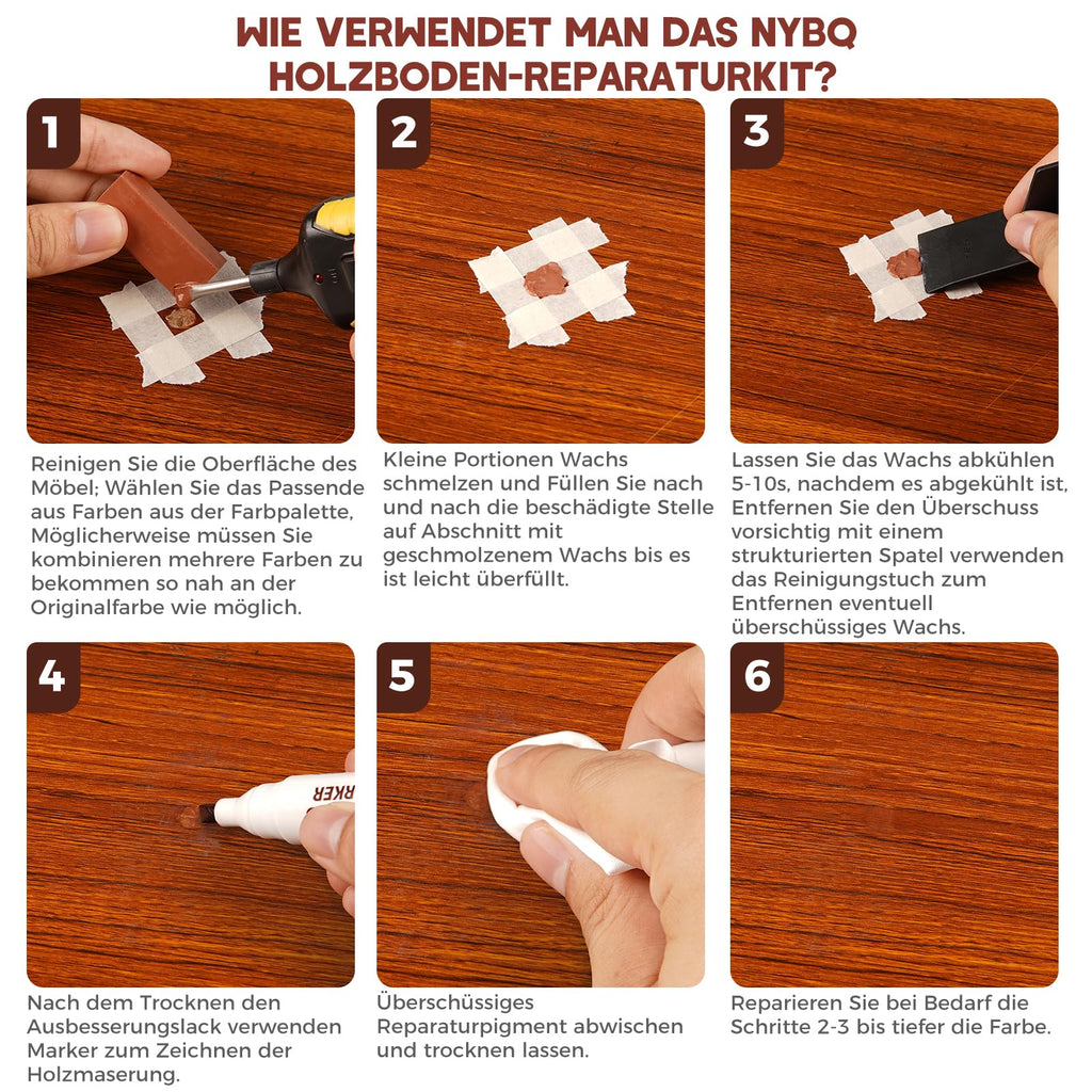 NYBQ Laminat Reparaturset, 24 Stück Holz Parkett Reparaturset Neuem Upgrade-Schmelzwerkzeug, 11 Farben Hartwachs für Holzkitt Vinylboden Holzböden Möbel Arbeitsplattet Reparatur set