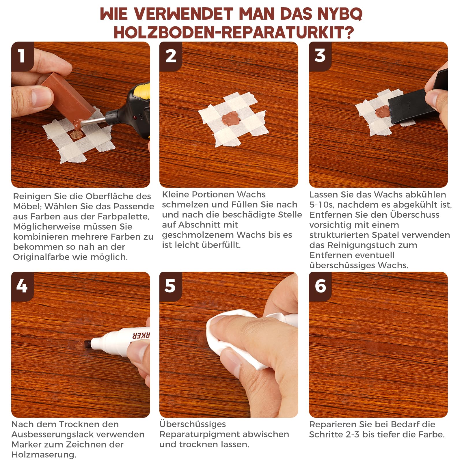NYBQ Laminat Reparaturset, 24 Stück Holz Parkett Reparaturset Neuem Upgrade-Schmelzwerkzeug, 11 Farben Hartwachs für Holzkitt Vinylboden Holzböden Möbel Arbeitsplattet Reparatur set