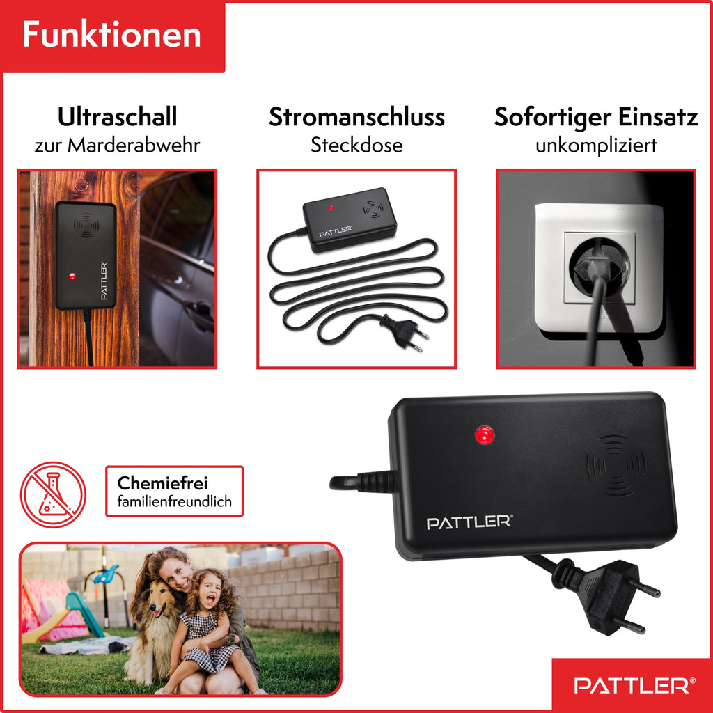 PATTLER ® Marderschreck Auto mit Stecker - für 60m². Marderschreck für Dachboden, Haus, Garten, Garage. Anschluss an Steckdose. Marderabwehr Dachboden mit Ultraschall - 1 Stück