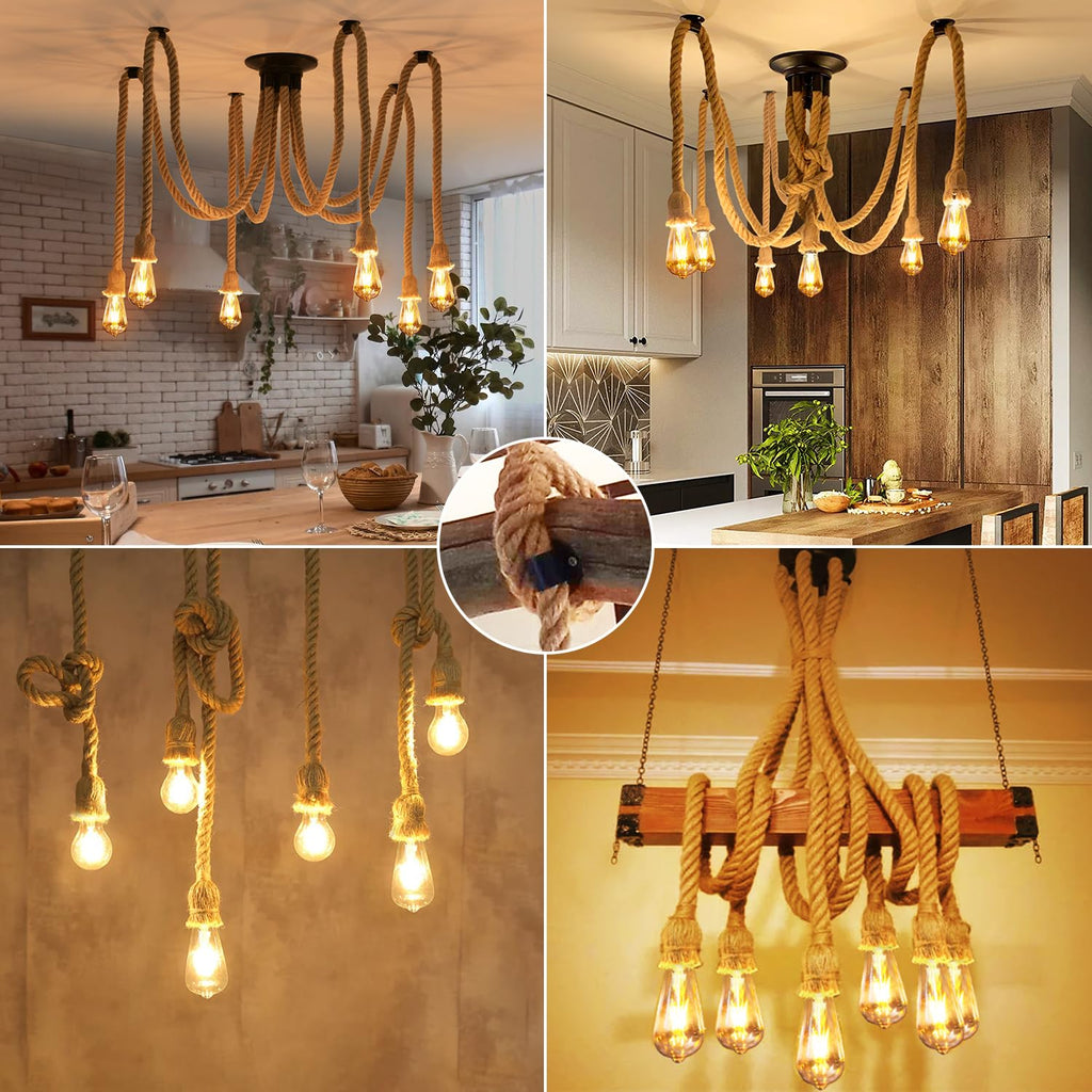 ANWIO Deckenlampe mit Hanfseil Kronleuchter, Vintage Industrielles Spinne Deckenleuchte E27, Hängelampe Hanfseil Pendellampe 3 Flammig für Wohnzimmer, Restaurant Halle, Stab, Café, Ohne Leuchtmitttel