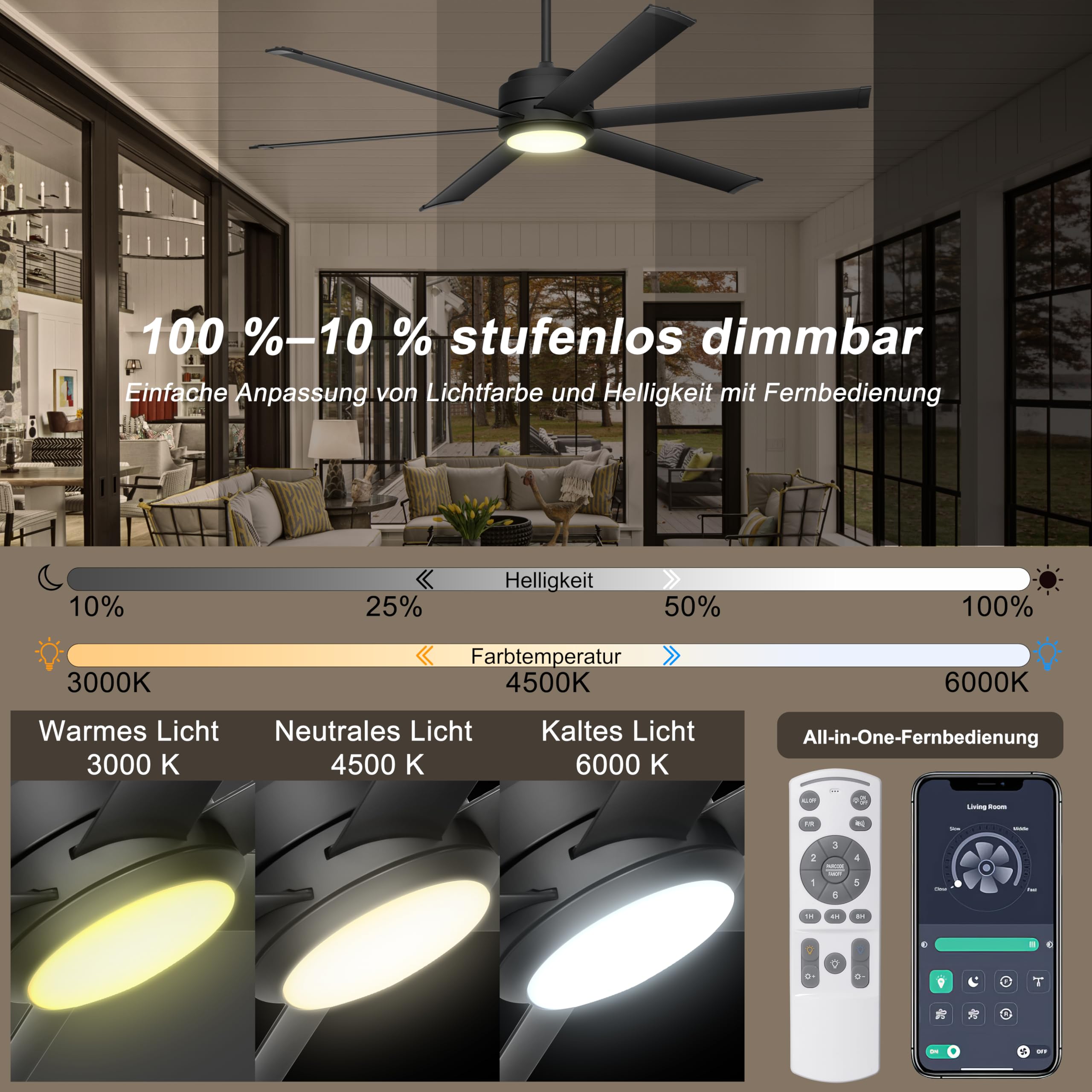 Ohniyou Deckenventilator mit Beleuchtung, Fernbedienung und App,152,4 cm (60 Zoll), dimmbar, Gleichstrommotor, großer Deckenventilator für Terrasse, Wohnzimmer