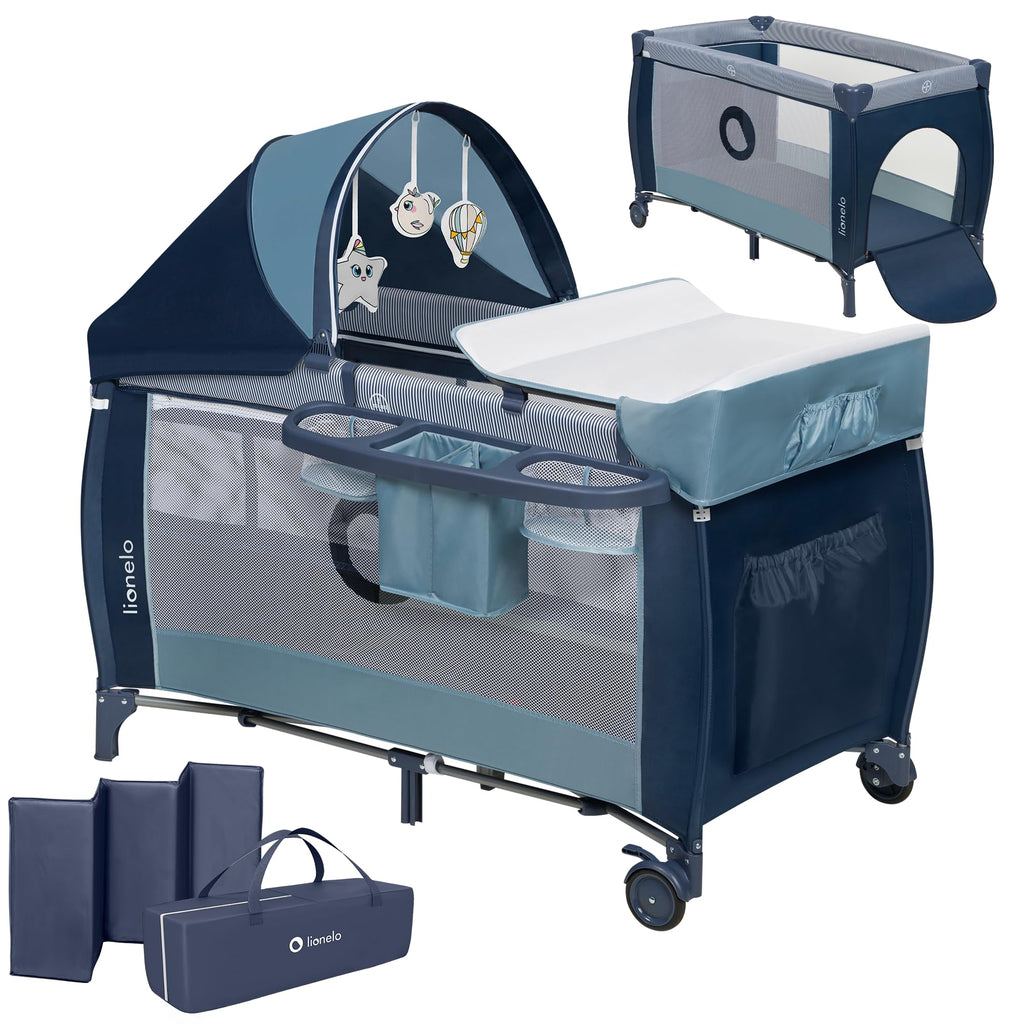 Lionelo Sven Plus 4 in 1 Baby Bett ab Geburt bis 15 kg Wickelauflage Moskitonetz luftige Seitenwände mit Seiteneingang Tragetasche zusammenklappbar