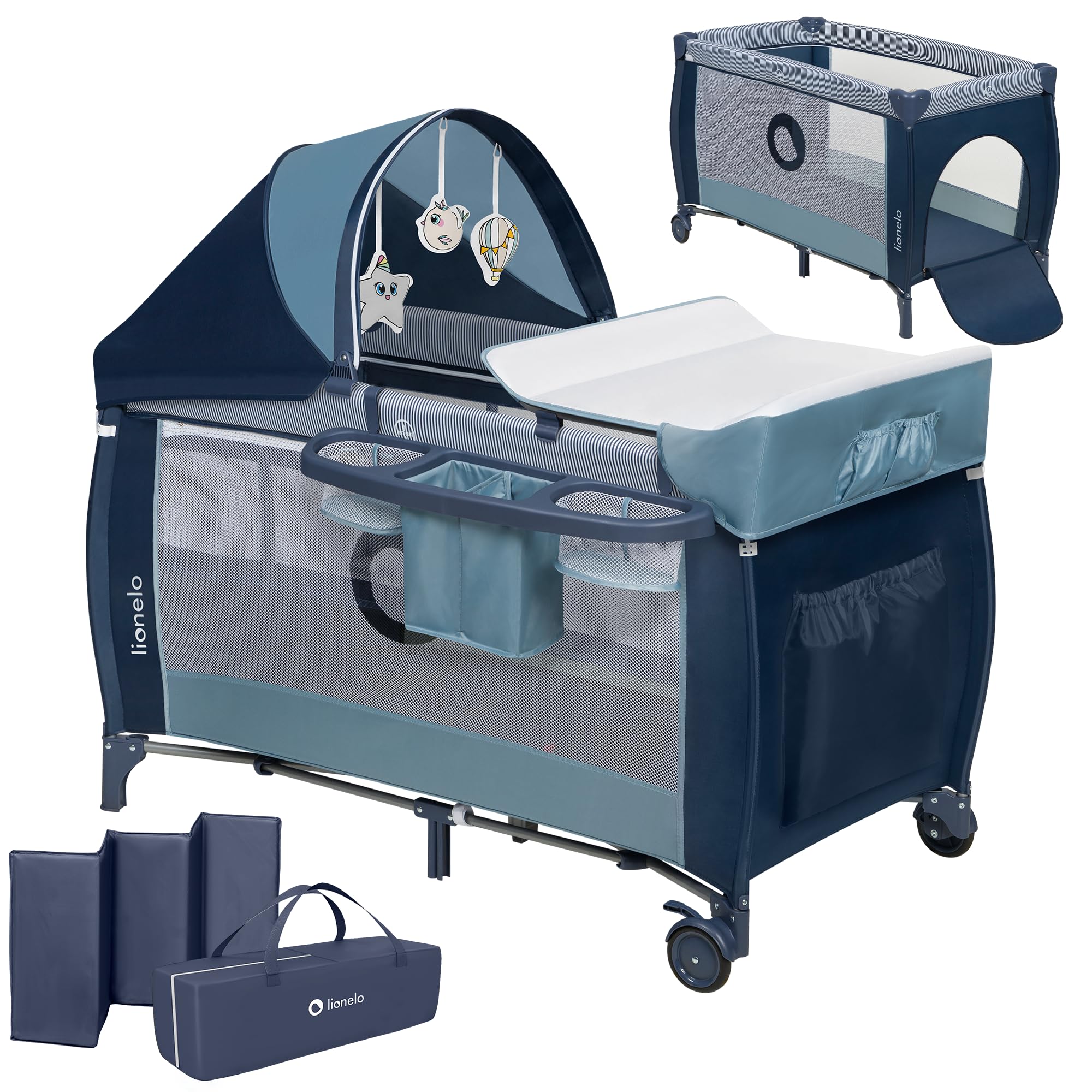 Lionelo Sven Plus 4 in 1 Baby Bett ab Geburt bis 15 kg Wickelauflage Moskitonetz luftige Seitenwände mit Seiteneingang Tragetasche zusammenklappbar