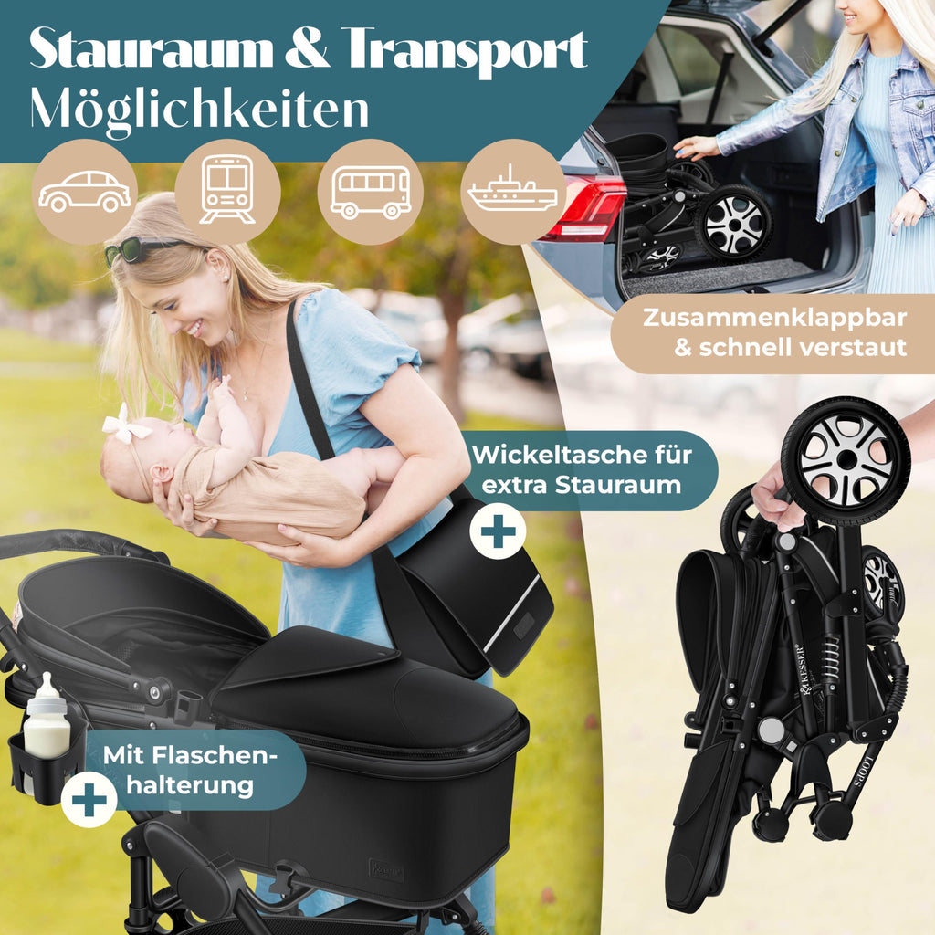 KESSER® Loops 4 in 1 Kinderwagen Kombikinderwagen Komplett-Set inkl. Babywanne & Buggy Sportsitz & Auto-Babyschale Voll-Gummireifen Wickeltasche Regenschutz Kindertisch ECE R129, Schwarz/Schwarz