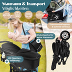 KESSER® Loops 4 in 1 Kinderwagen Kombikinderwagen Komplett-Set inkl. Babywanne & Buggy Sportsitz & Auto-Babyschale Voll-Gummireifen Wickeltasche Regenschutz Kindertisch ECE R129, Schwarz/Schwarz