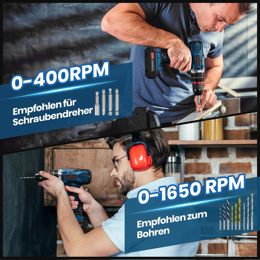 Akkuschrauber, 21V Akku Schlagbohrschrauber mit 2 Akkus 2.0Ah, 45Nm Akku Bohrmaschine, 2 Gang, 25+3 Drehmomentstufen, 10mm Metall Bohrfutter, Akkubohrer mit 27tlg Zubehör Drill Bit & Koffer