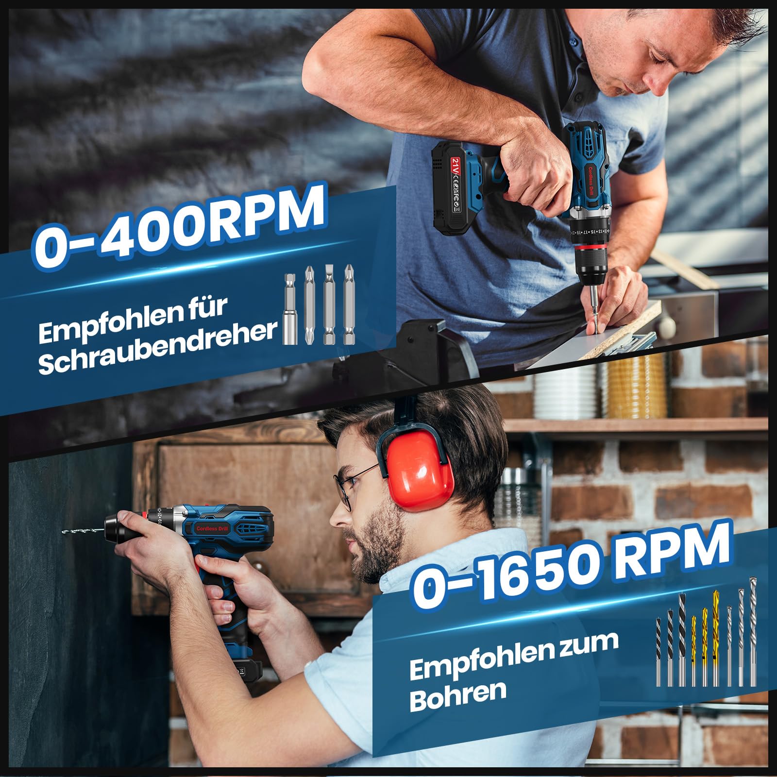 Akkuschrauber, 21V Akku Schlagbohrschrauber mit 2 Akkus 2.0Ah, 45Nm Akku Bohrmaschine, 2 Gang, 25+3 Drehmomentstufen, 10mm Metall Bohrfutter, Akkubohrer mit 27tlg Zubehör Drill Bit & Koffer