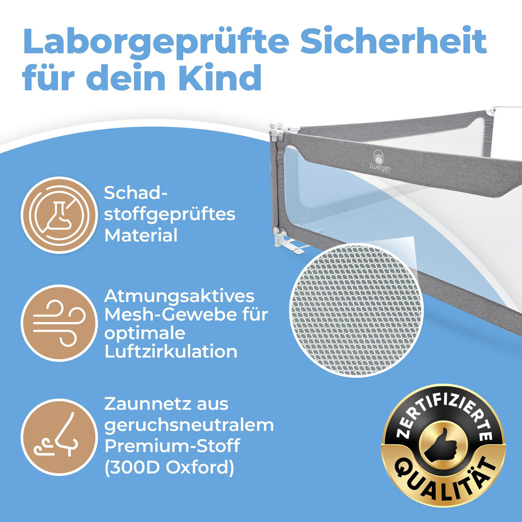Zwergenbuddy® Rausfallschutz Boxspringbett & Elternbett (180x200cm) [8-teiliges Rausfallschutz Bett Set] Stabilitätsstange & Zwischenraumschutz – Bettgitter ist Laborgeprüft