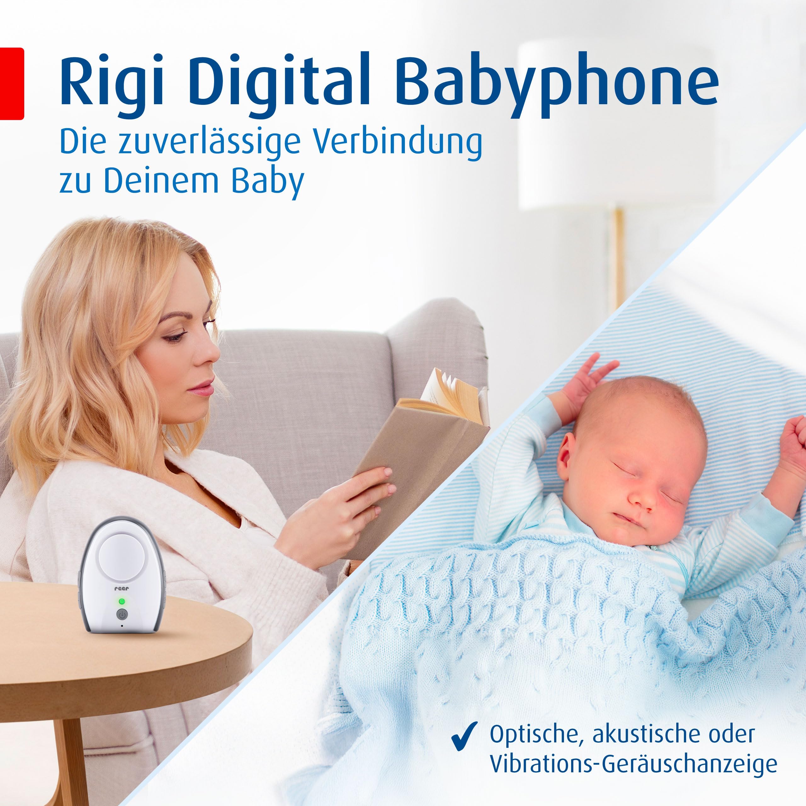 reer Rigi Digital Babyphone | 300 m Reichweite | Mit Nachtlicht und Gegensprechfunktion | VOX-Funktion | FHSS-Technologie | Akku- oder Netzbetrieb | Qualität vom Erfinder