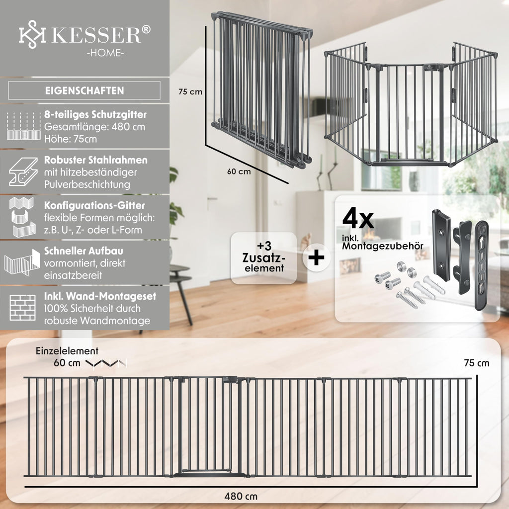 KESSER® Kaminschutzgitter mit Tür 480 cm Metall Ofenschutzgitter Laufgitter Laufstall Absperrgitter Tierschutzgitter Türschutzgitter für Kinder-Sicherung, 8-teilig Elemente (je 60 x 75 cm) Anthrazit