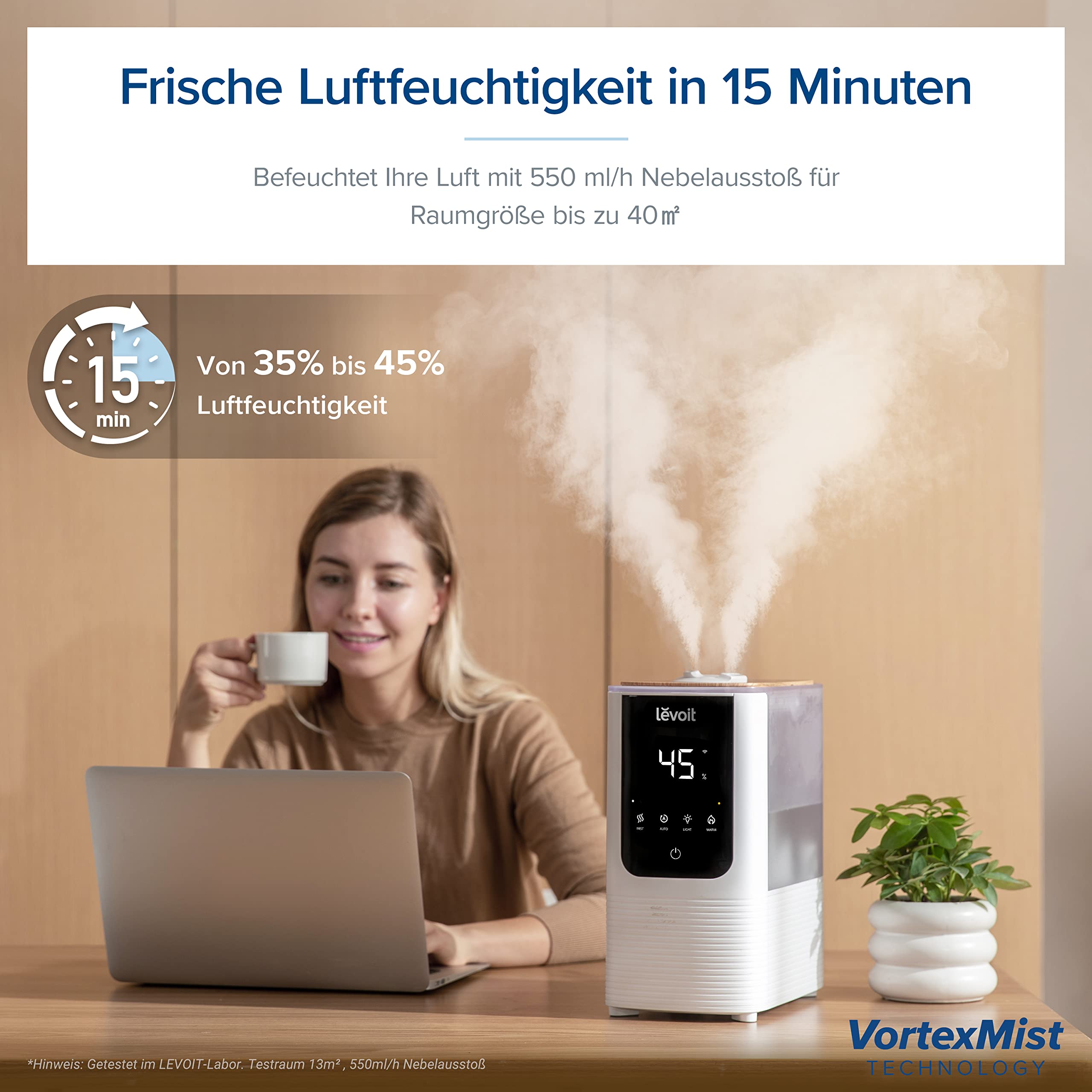 Levoit Top-Fill Luftbefeuchter, Smart Humidifier, Warm&Kalter Nebel max 550 ml/h, bis 40㎡, leise Raumbefeuchter mit Nachtlicht für Kinderzimmer, Pflanzen, Auto Shut-off, 4,5 L, Mondweiß