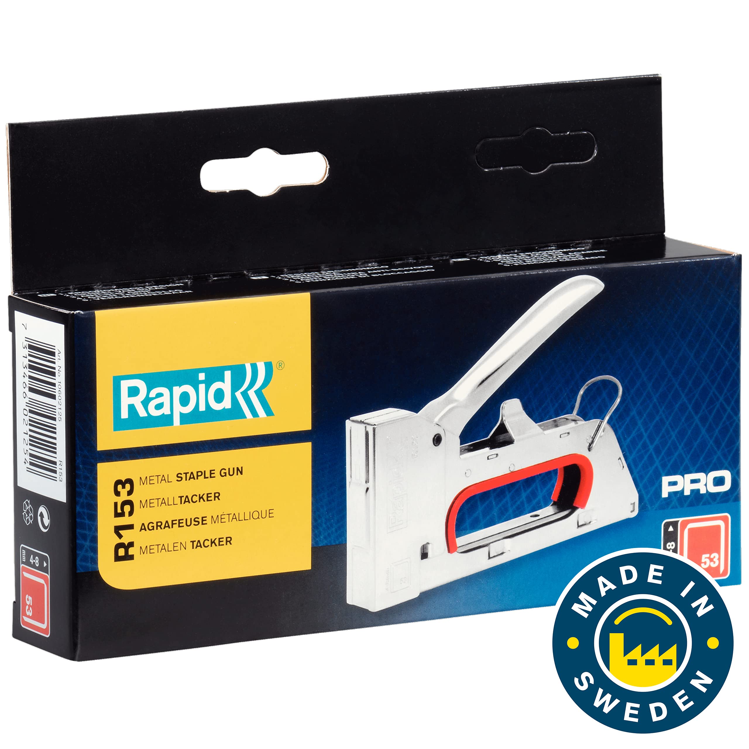 Rapid PRO R153 Handtacker - Kompakter Tacker aus Stahl für Holz und Stoffe, für Typ 53 Klammern (4-8 mm), Ergonomisch, Rückschlagfrei, Zum Polstern und Dekorieren