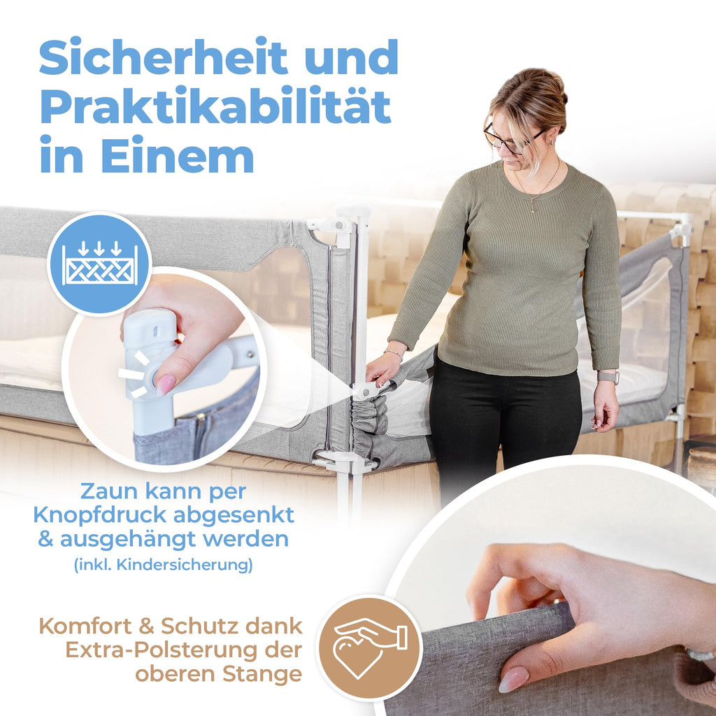 Zwergenbuddy® Rausfallschutz Boxspringbett & Elternbett (180x200cm) [8-teiliges Rausfallschutz Bett Set] Stabilitätsstange & Zwischenraumschutz – Bettgitter ist Laborgeprüft