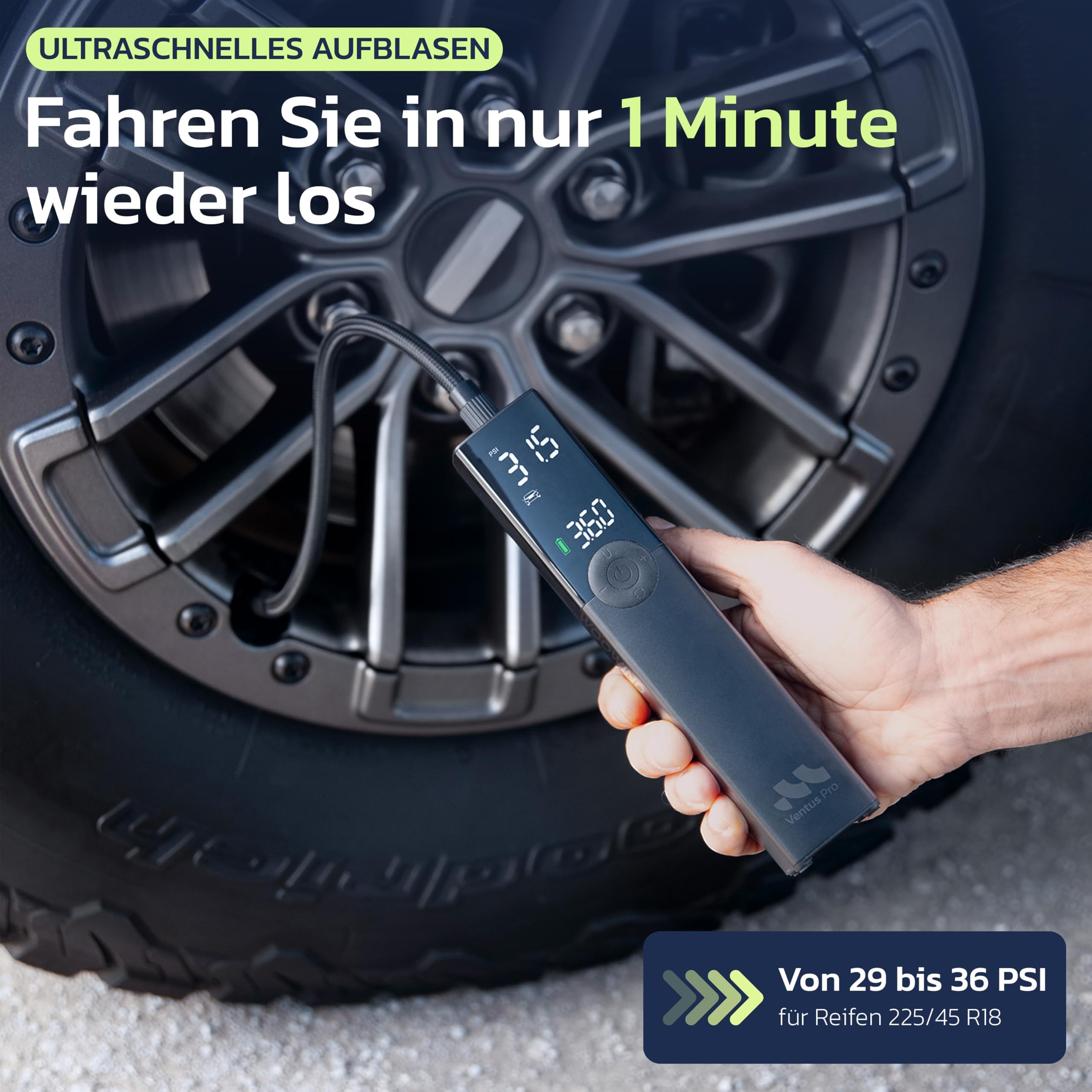 Woowind Ventus Pro Reifenfüller, Tragbarer Luftkompressor für Auto, Fahrrad, Motorrad, SUV, Offroad und LKW – Schnelle Autopumpe, 150PSI/10,3Bar, Kabellos 12 V DC, LED-Display, Notlicht + Koffer