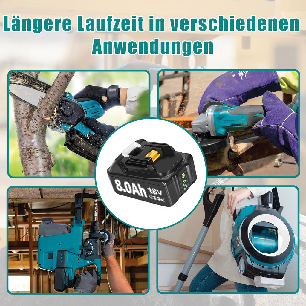 4 Pcs 8000mAh 18Volt Lithium-Ersatzakku für Makita Akku 18V, Kompatibel mit Makita 18V Akkus BL1860 BL1840 BL1830 BL1820 BL1815 BL1835 BL1845, mit LED-Indikator für Akku-Werkzeuge