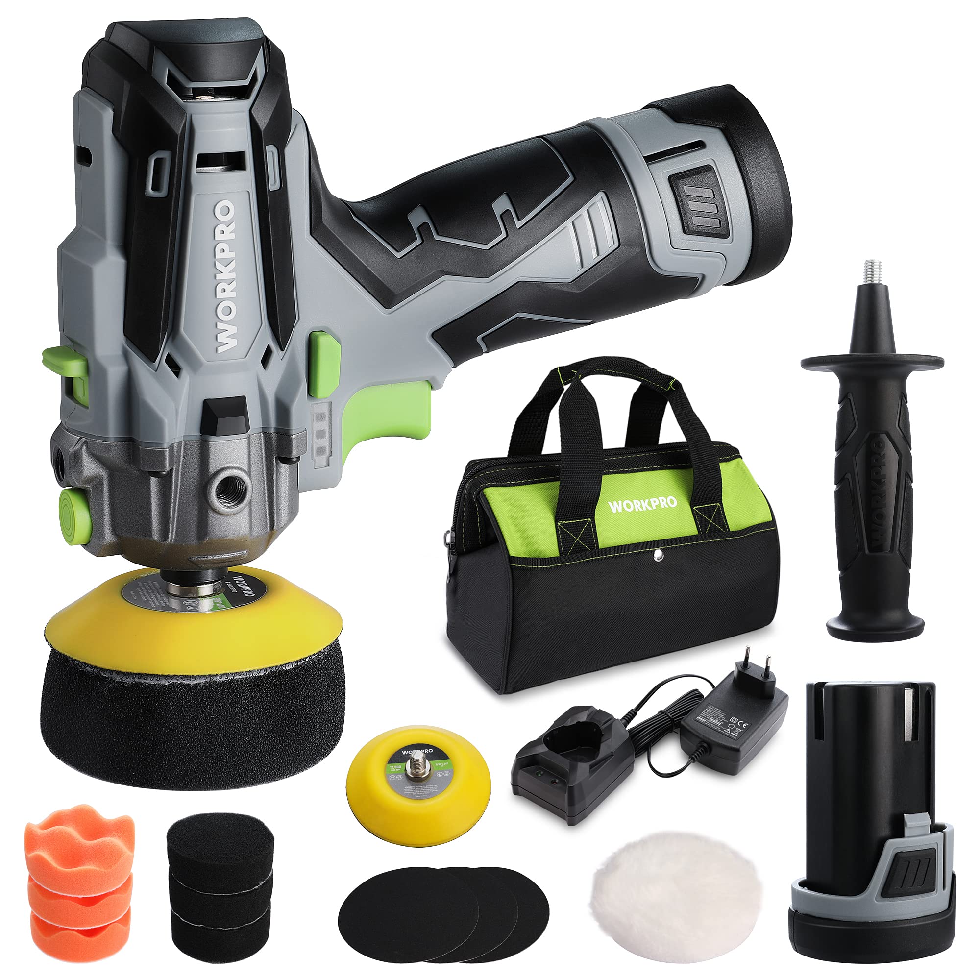 WORKPRO Mini Poliermaschine, 12V Akku Poliermaschine, Auto Poliermaschine Polierer 7500RPM, 2 x 2,0Ah Batterien, 1 Stunde Schnellladung, 75mm Polierschwamm + Wollscheibe, für Auto, Möbeln, Metall