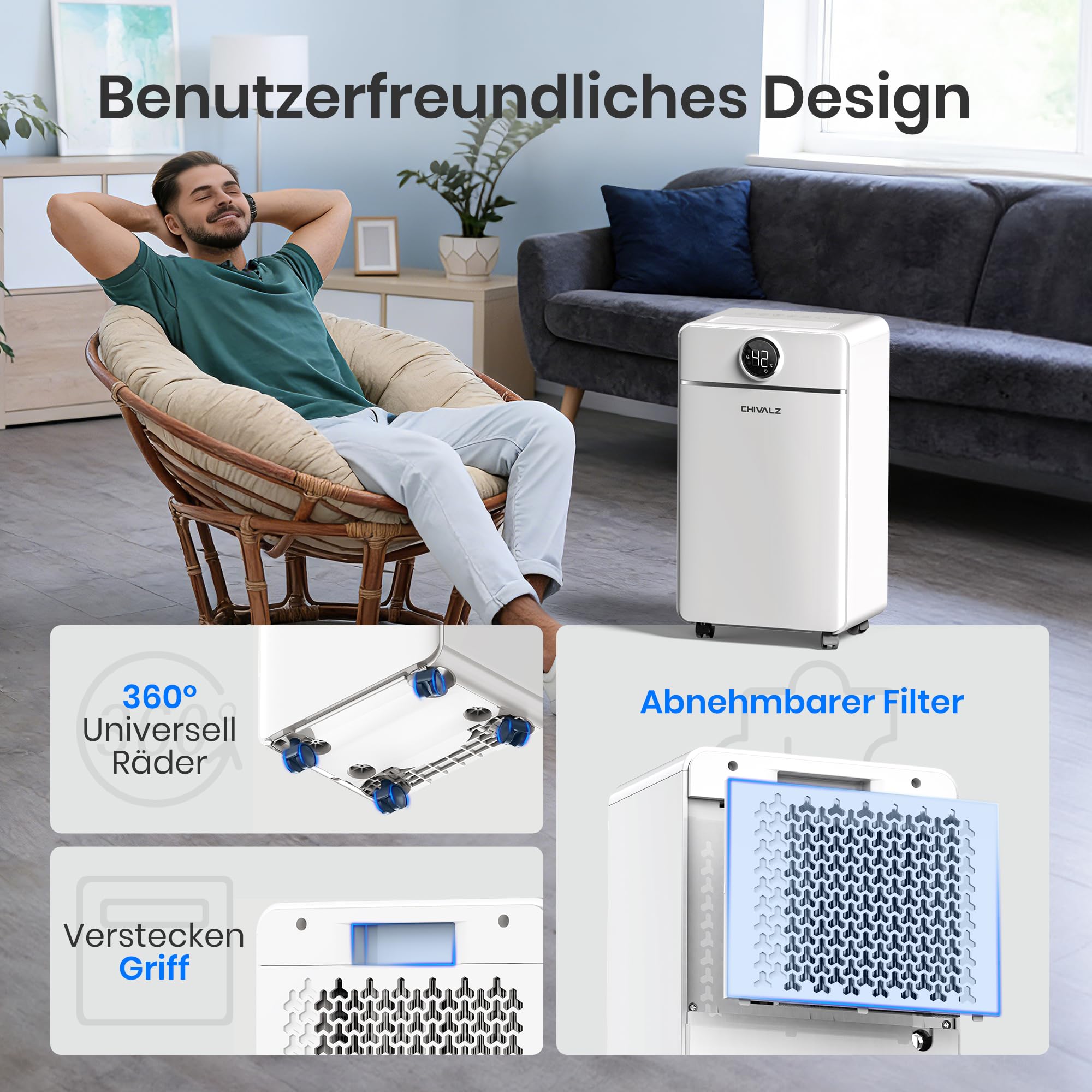 CHIVALZ Luftentfeuchter Elektrisch, Auto Raumentfeuchter Elektrisch 30m²/120m³, Raumentfeuchter mit 3 Betriebsmodi, 24H Timer, Automatische Abtauung, Energieeinsparung - Geeignet für Keller, 1 Pack