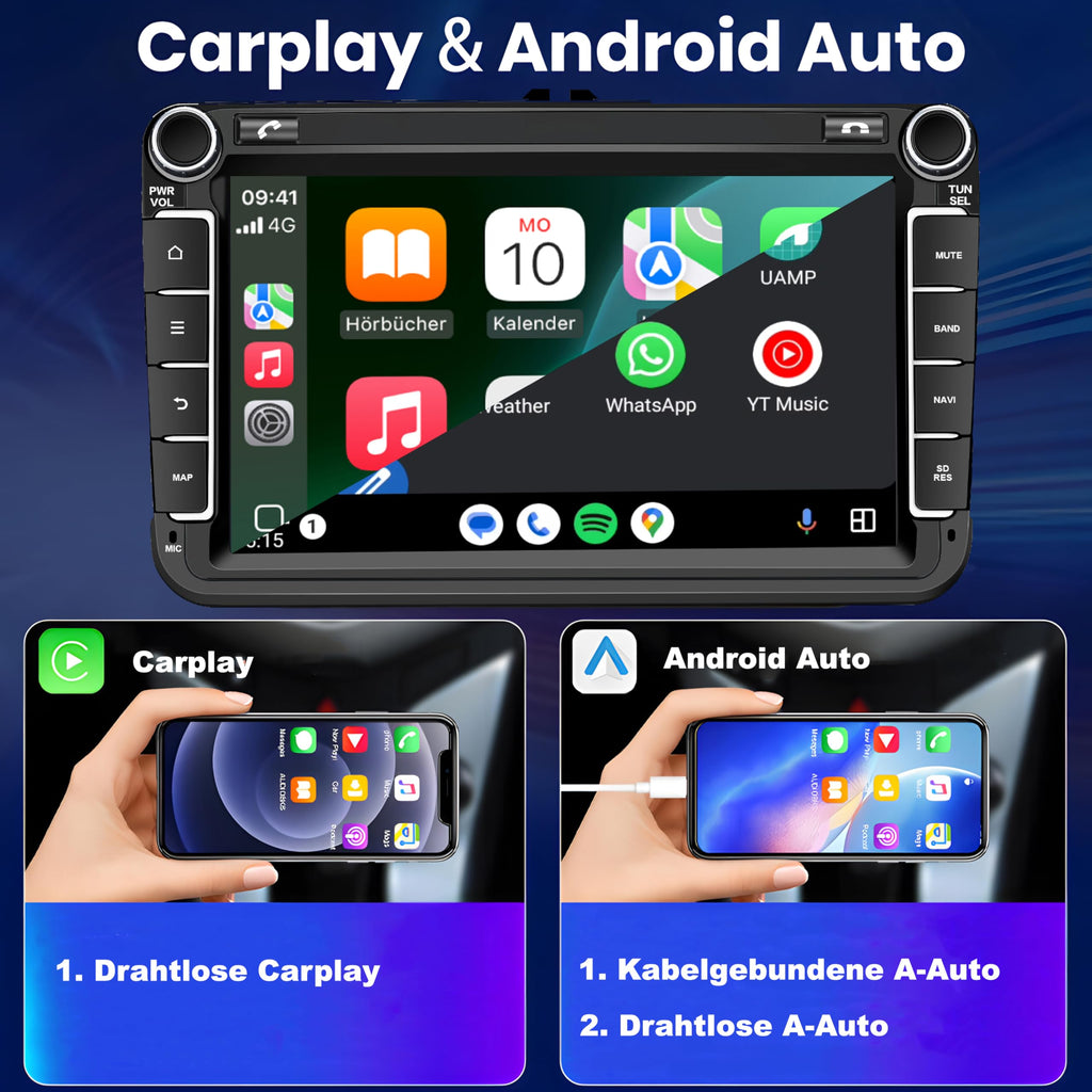 M.I.C. AV8V7-L2 Android 14 Autoradio mit navi: MediaTek MT6765V 4G+64G;8" QLED Display;4G SIM,Carplay,Android Auto,DAB+,Bluetooth 5,WiFi,GPS: Ersatz für VW Golf T5 Touran Passat RNS RCD,Skoda,SEAT