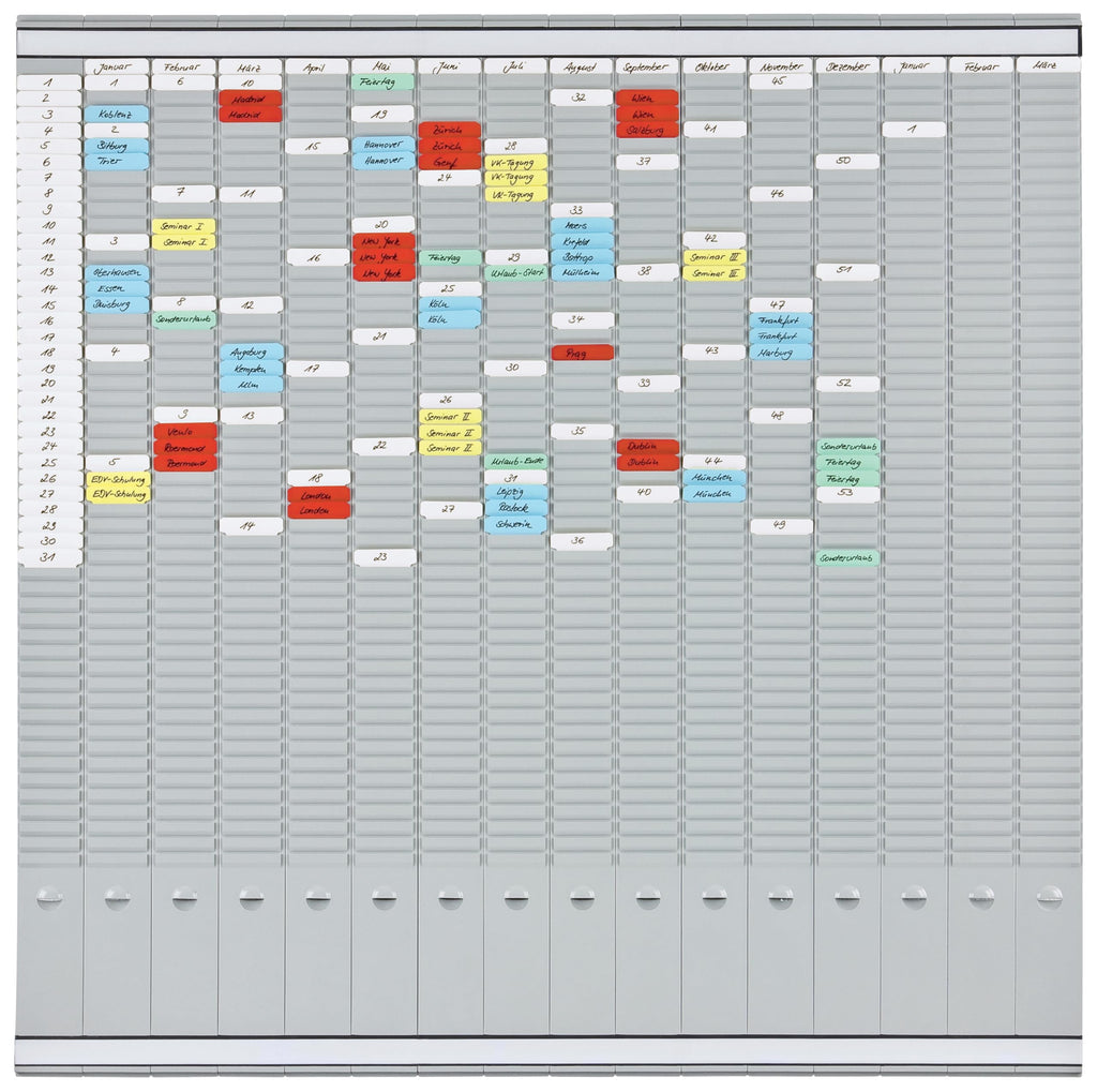 FRANKEN T-Kartentafel Jahresplaner für 15 Monate plus Index, 100,8 x 100,8 cm, 16 Träger, 50 Schlitze, PV-SET5
