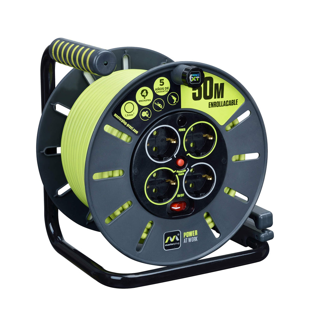 Masterplug Pro-XT 4-Fach offene Kabeltrommel mit Aufrollgriff, Thermoabschaltung und Netzschalter, 50 Meter langes Kabel mit hoher Sichtbarkeit