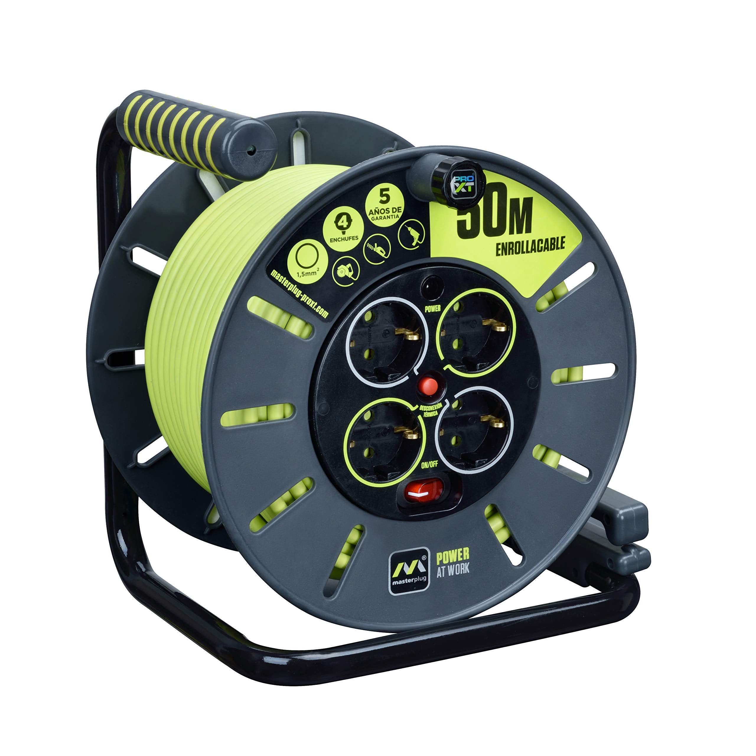 Masterplug Pro-XT 4-Fach offene Kabeltrommel mit Aufrollgriff, Thermoabschaltung und Netzschalter, 50 Meter langes Kabel mit hoher Sichtbarkeit