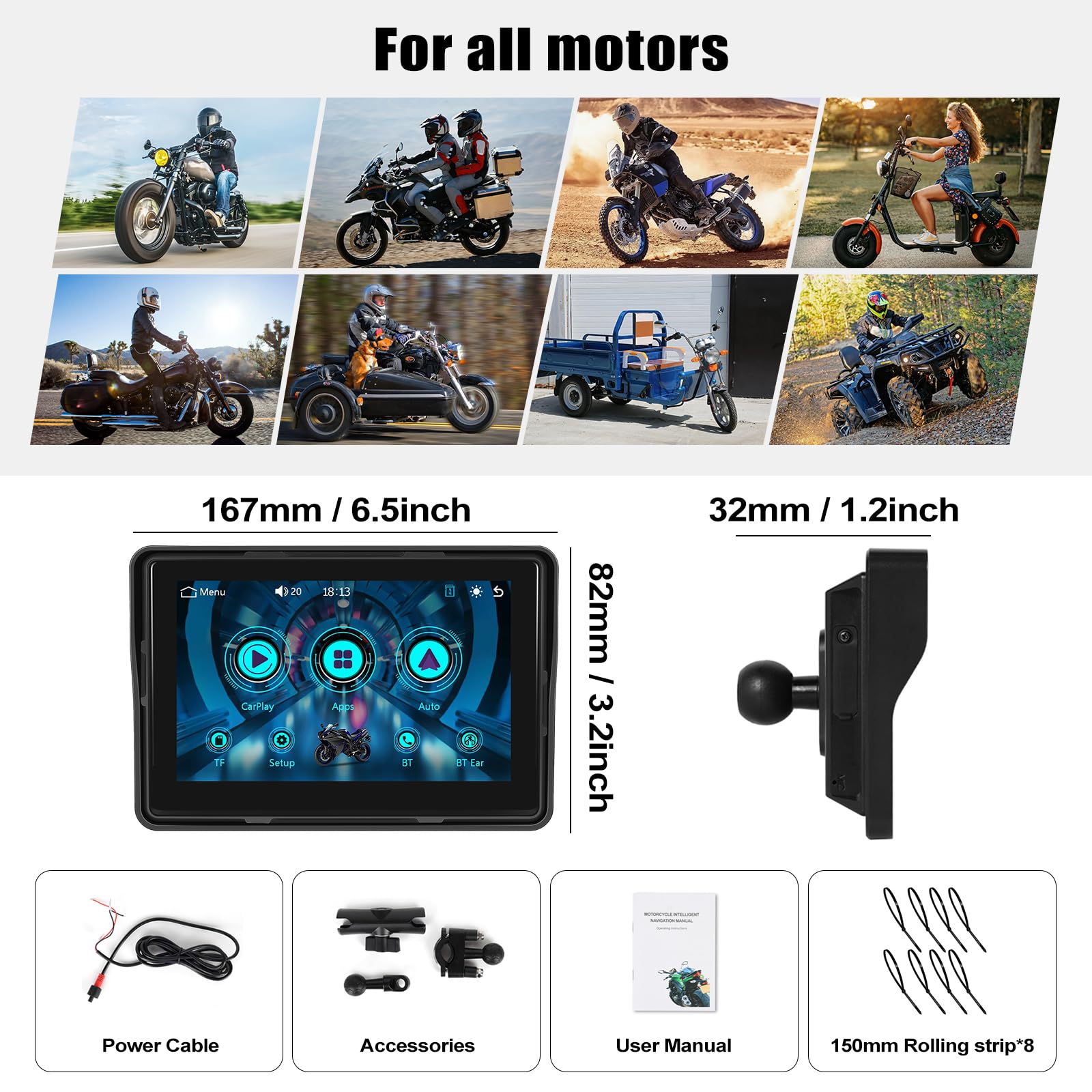 CAMECHO [2025 Carplay Motorrad Dash Navi Display für Moto, 5 Zoll HD-Touchscreen Wasserdicht Motorcycle Navigationsgeräte mit Wireless Carplay Android Auto Bluetooth GPS FM EQ Ton