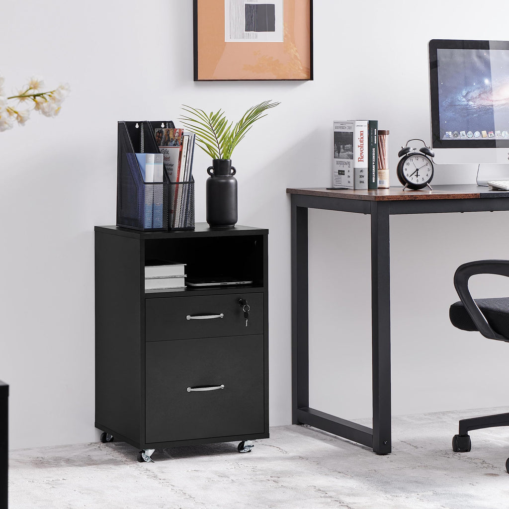 Yaheetech Rollcontainer mit 2 schubladen, Aktenschrank, mobiler Büroschrank mit offenen Fächern, hängenden Aktenfächern, für A4 und Letter-Format, für Büro, Schlafzimmer, Wohnzimmer Schwarz