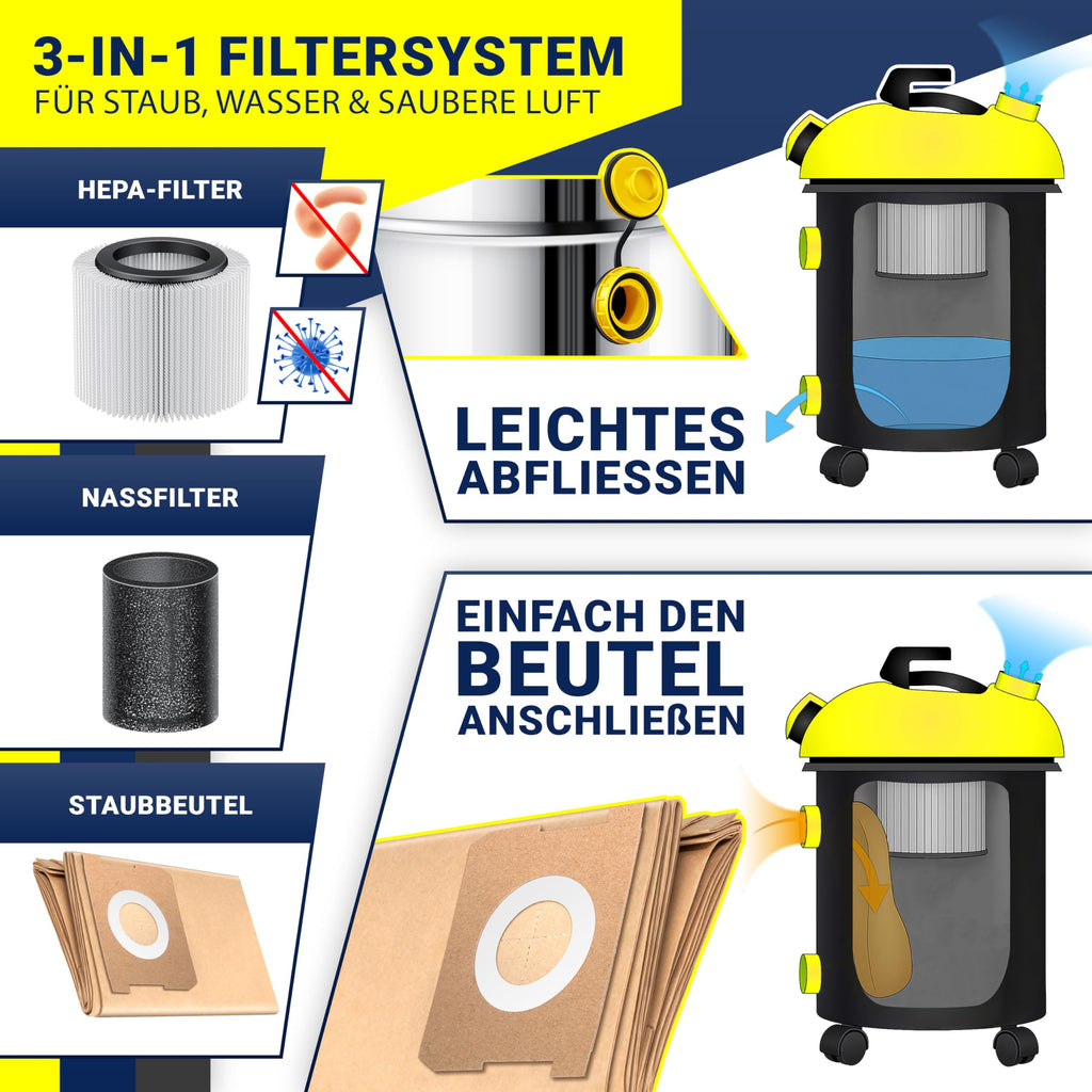 MASKO® Industriestaubsauger Staubsauger Nass Trocken Sauger Edelstahl 2300W + Steckdose, Blasfunktion, Saugschlauch & Nass-Saugen, Push&Clean, Industriesauger mit & ohne Beutel, Inkl Filter beutellos