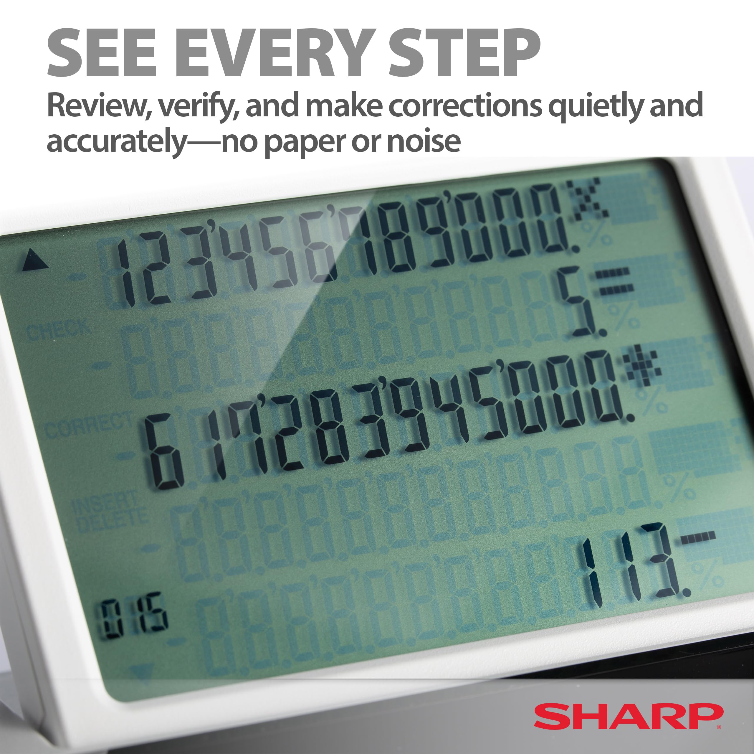 Sharp EL-1901 Anzeigender Tischrechner (Paper& Ink-Free, 12-stelliges und 5-zeiliges LCD Display) Weiß, 193 x 66 x 254 mm