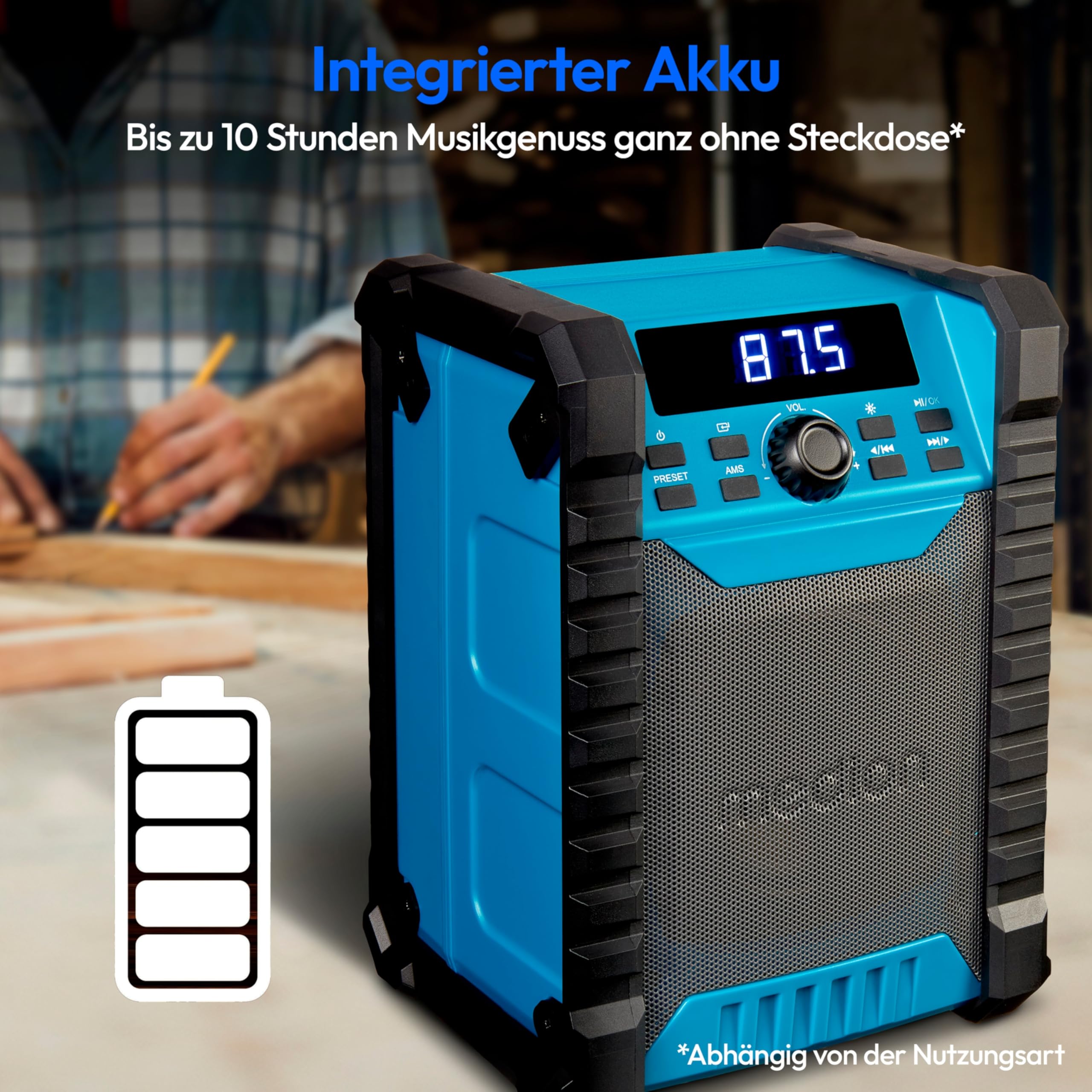 MEDION E65895 Baustellenradio mit Akku (Robustes Gehäuse, Tragegriff, Bluetooth, Spritzwassergeschützt (IP54), UKW Radio, AUX) grün