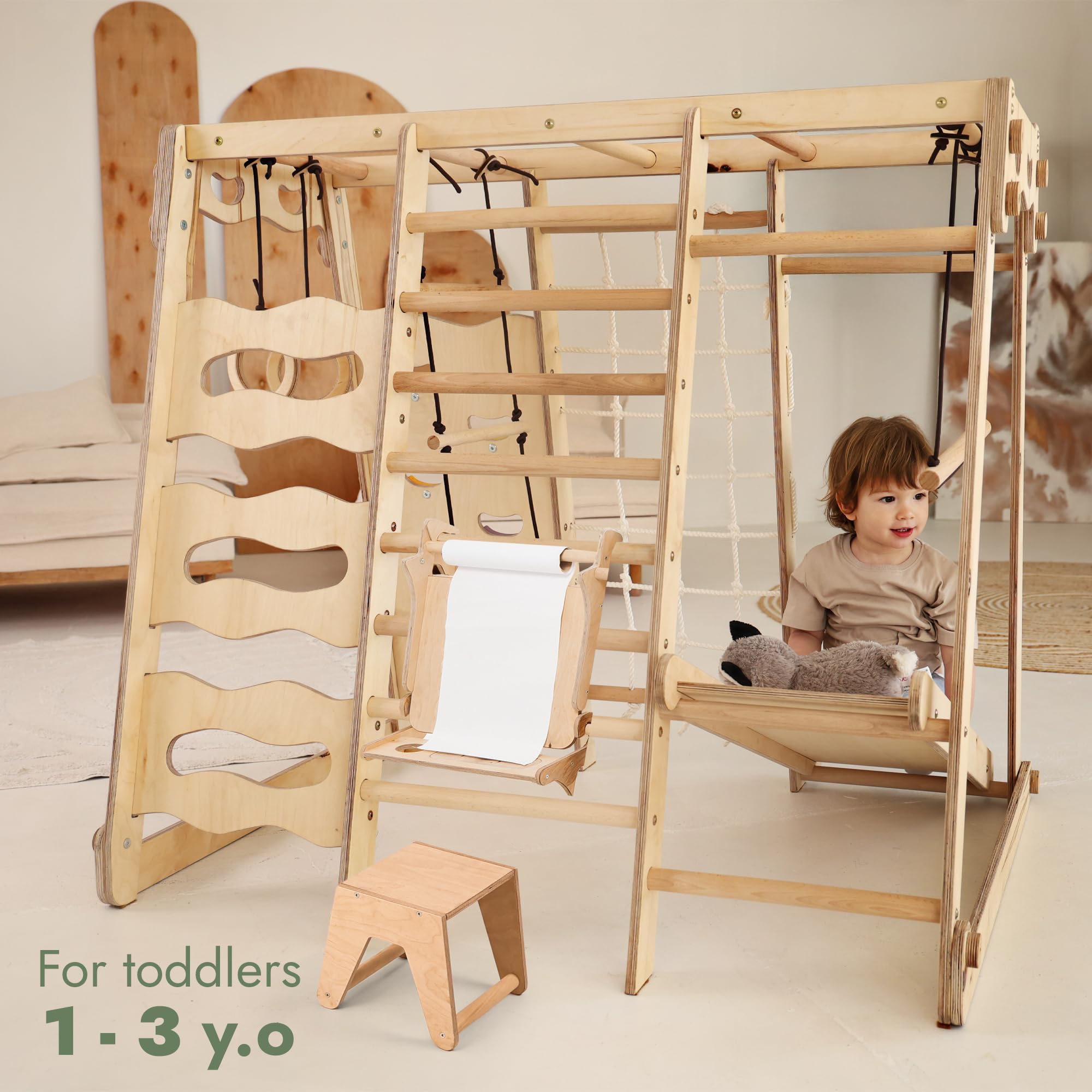 Goodevas Verbessert 9-in-1 Klettergerüst Indoor für Kinder, Montessori Klettergerüst mit Rutsche, Schaukel, Kletterwand, Kletterdreieck, Kunst hinzufügen – Spielplatz für Kinderzimmer