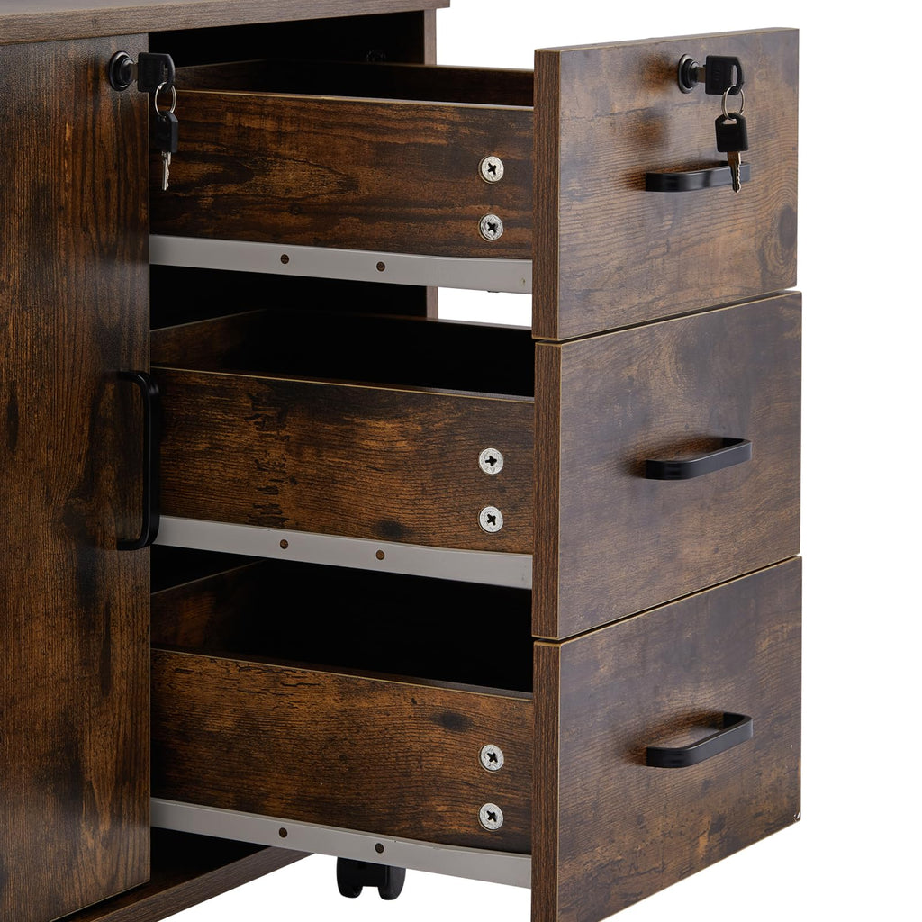 TUKAILAI Rollcontainer Aktenschrank aus Holz, Abschließbar Büroschrank mit 3 Schubladen und Tür, Mobiler Schreibtisch Unterschrank mit 4 Rollen für Büro Arbeitszimmer Wohnzimmer, 40×60×57 cm, Braun