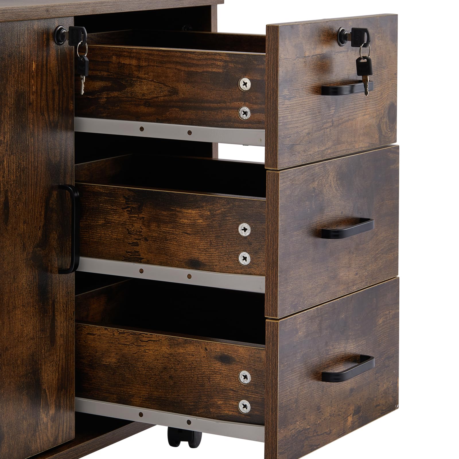 TUKAILAI Rollcontainer Aktenschrank aus Holz, Abschließbar Büroschrank mit 3 Schubladen und Tür, Mobiler Schreibtisch Unterschrank mit 4 Rollen für Büro Arbeitszimmer Wohnzimmer, 40×60×57 cm, Braun