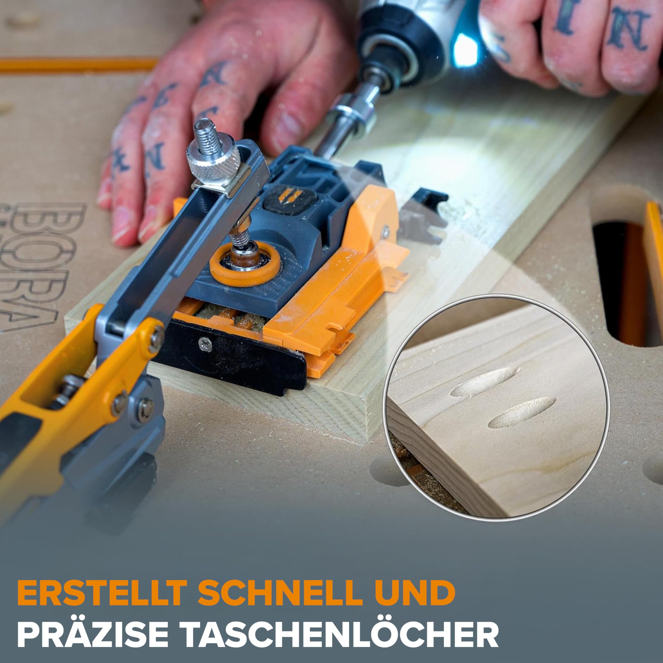 BORA Mini-Taschenloch-Bohrschablone – Automatische Tiefeneinstellung mit Push-Lock-System, Farbkodierte Schraubenführung – Für enge Räume & Holz bis 38 mm Stärke