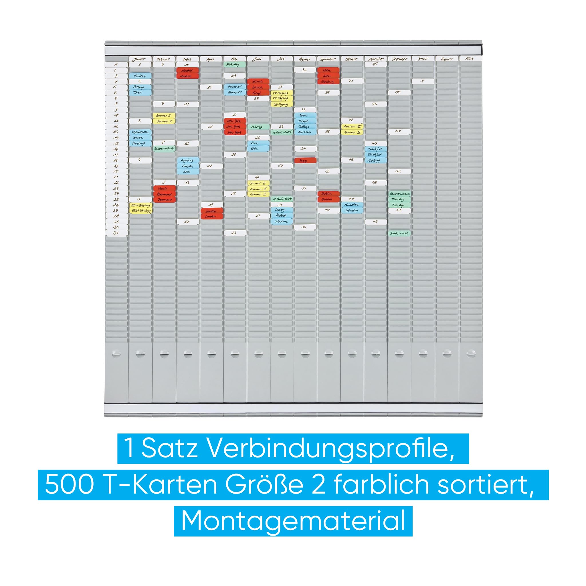 FRANKEN T-Kartentafel Jahresplaner für 15 Monate plus Index, 100,8 x 100,8 cm, 16 Träger, 50 Schlitze, PV-SET5