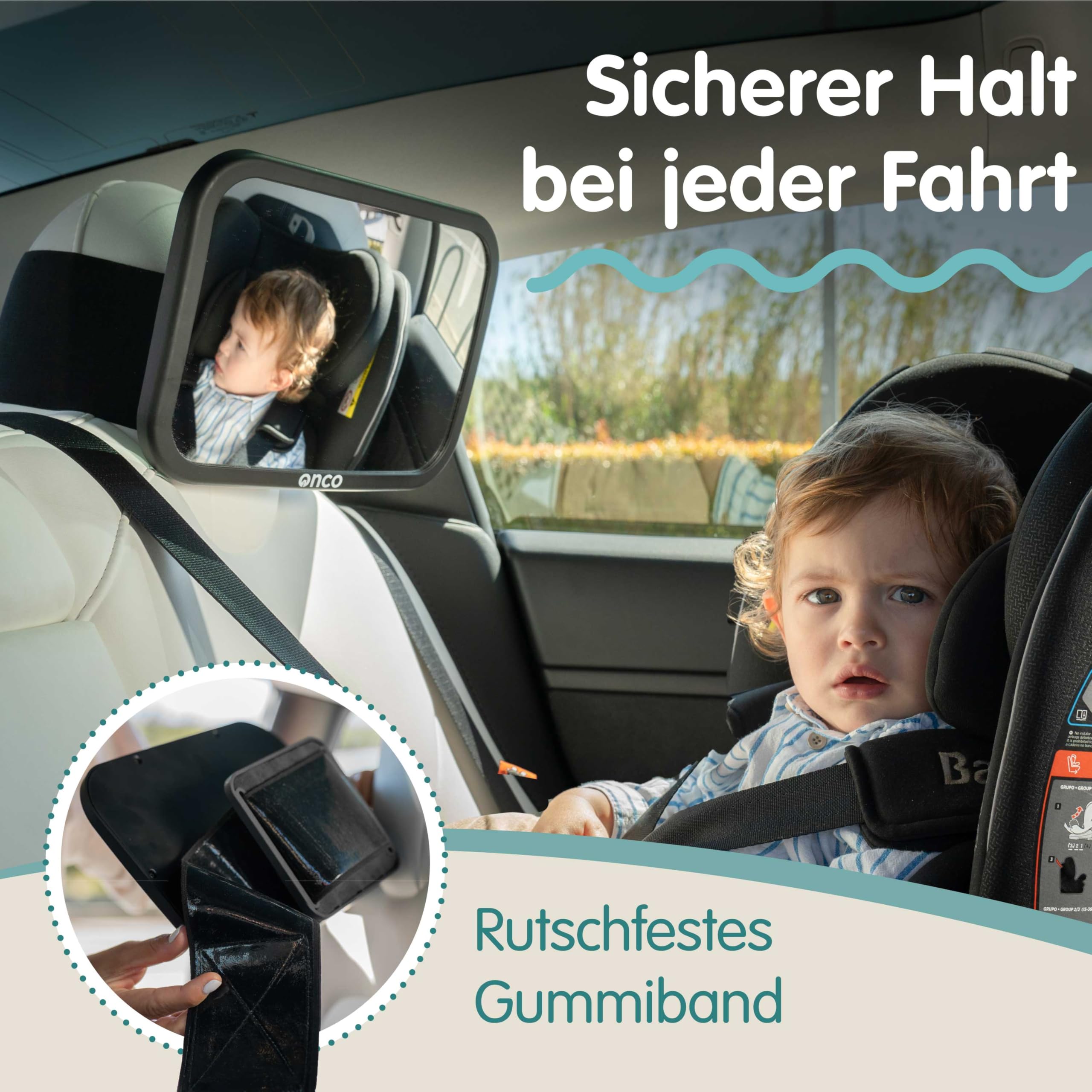 Onco Baby Autospiegel für feste Kopfstützen - Tesla-kompatibler Autospiegel Baby Rücksitz, 100% Bruchsicherer & Rutschfester Spiegel Auto Rückbank, 360°-Schwenkbarer Spiegel Auto