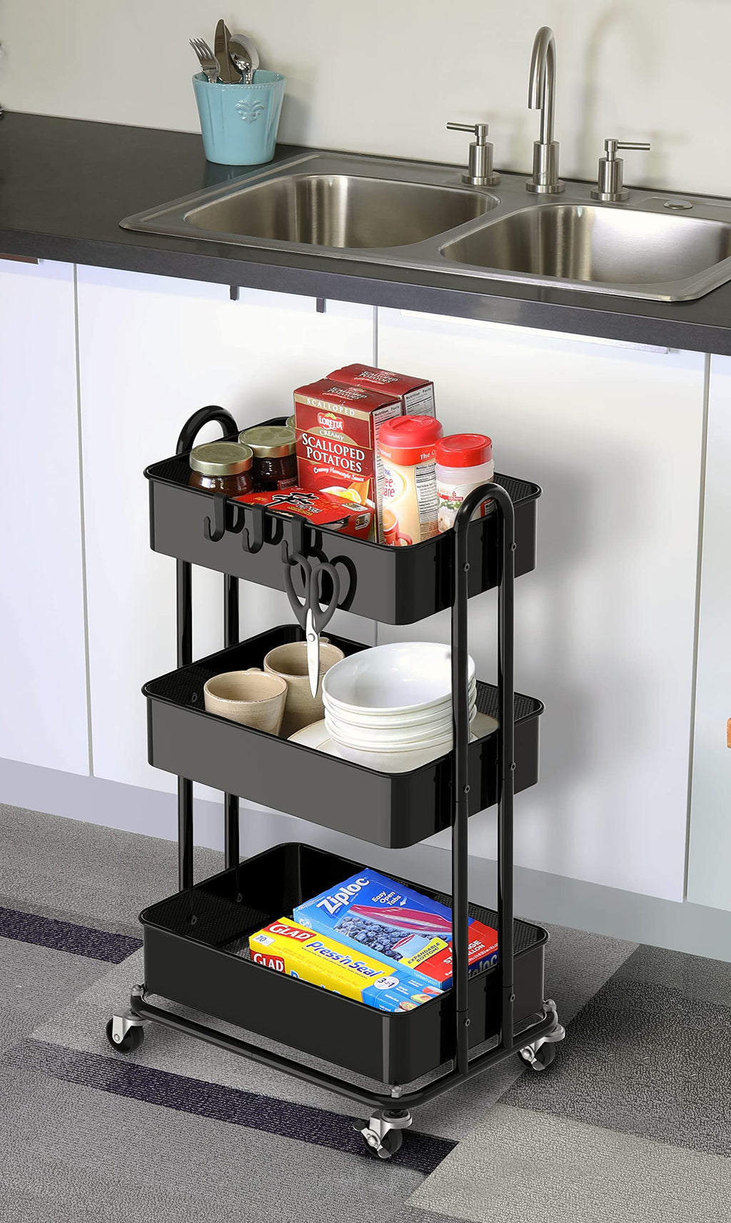 Simple Houseware Hochleistungs-Rollwagen mit 3 Ebenen aus Metall, Schwarz