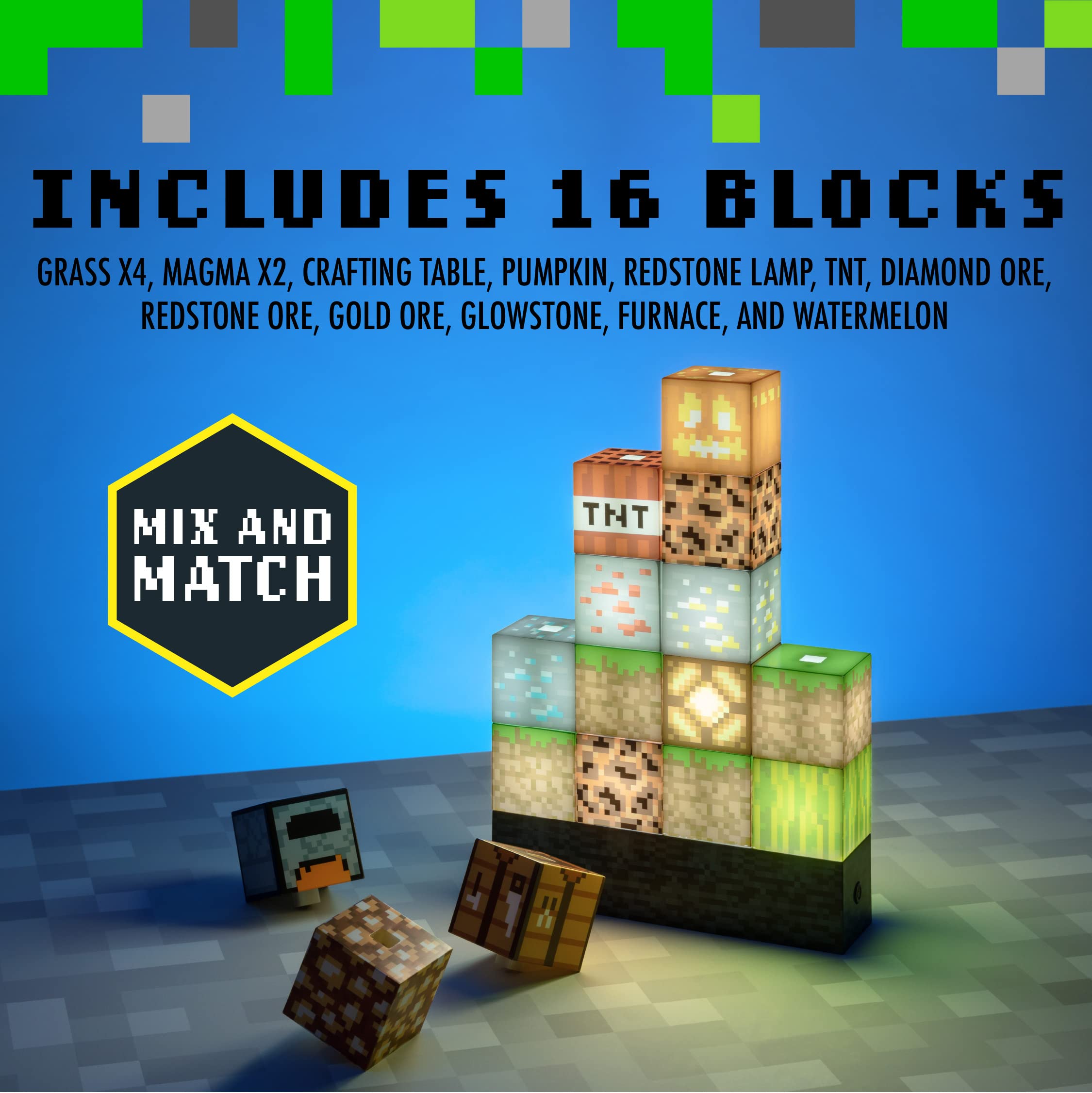 Minecraft Baustein-Lampe - Offiziell lizenziertes Merchandise, Baustein-Nachtlicht, Geschenk für Jungs, Gaming-Zimmerzubehör & Dekoration