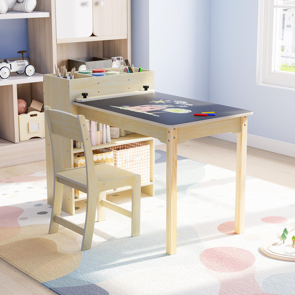 Puecrof Kinder Kreativtisch mit Stuhl aus Massivholz – Multifunktioneller Lern- & Spieltisch mit Stauraum für Kleinkinder ab 12 Monaten | Maltisch für Zuhause mit ergonomischem Kinderstuhl