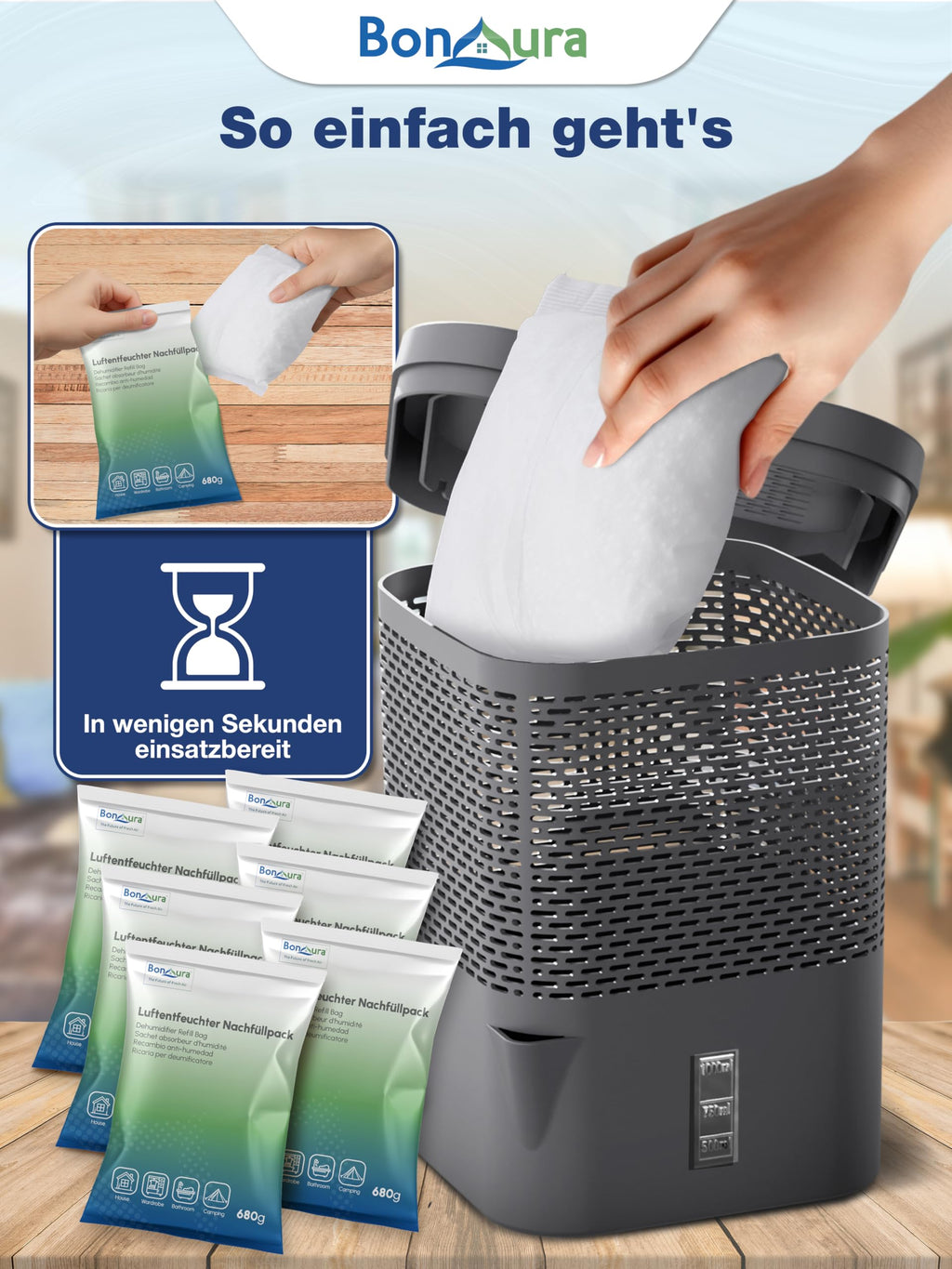 BonAura® Luftentfeuchter Nachfüllpack 6x 680g - Sparset Luftentfeuchter Granulat - 6er Set Entfeuchter Granulat - Schimmel- und Geruchsschutz
