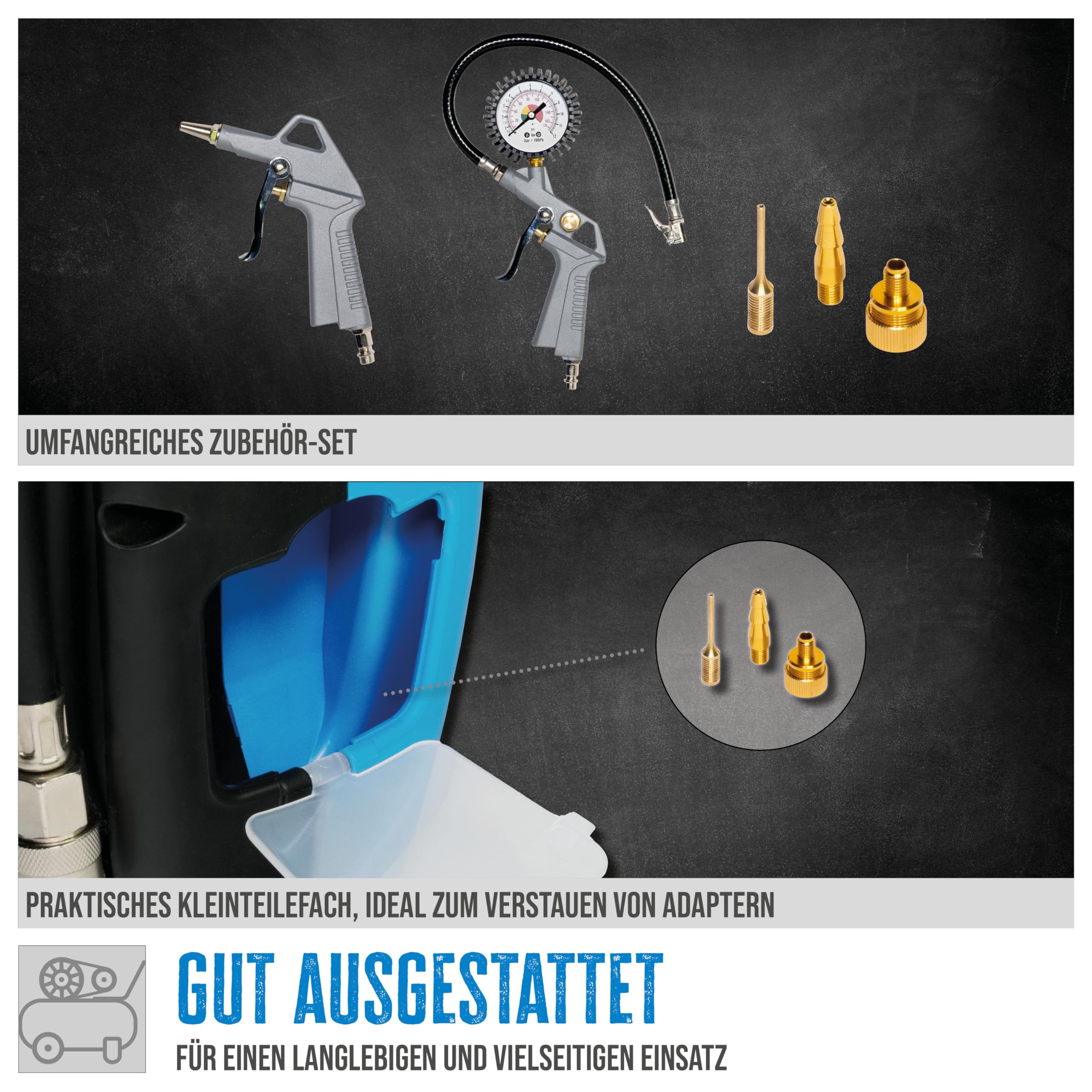 Güde Kompressor Airpower 180/08 (ölfrei & wartungsarm, Riemenantrieb, 8 bar, 1100 W, eff. Liefermenge 140 l/min, 2,5 m Druckluftschlauch mit Schnellkupplung, inkl. Zubehör)
