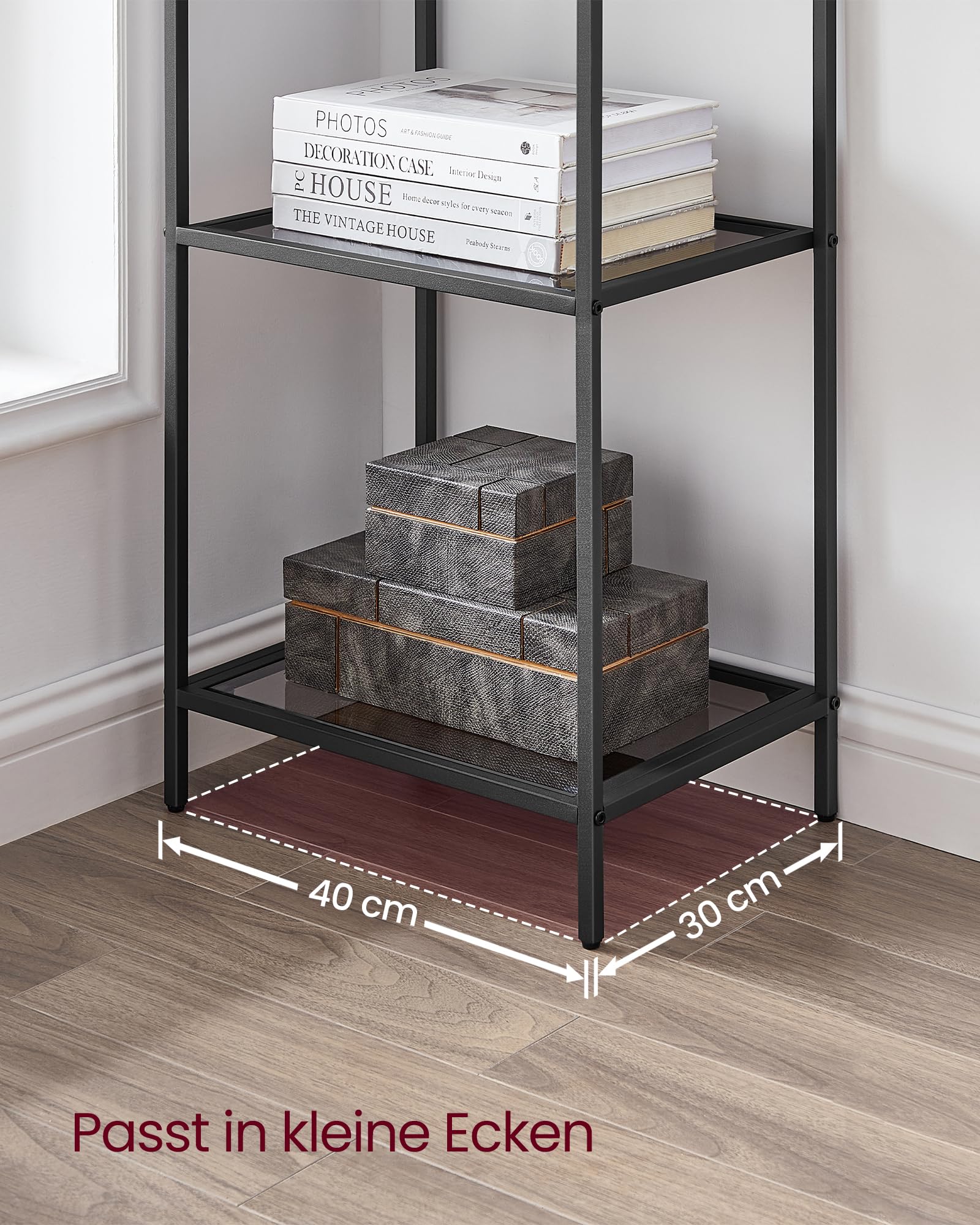 VASAGLE Badregal mit 6 Ablagen, gehärtetes Glas, einfache Montage für Badezimmer, Wohnzimmer, Küche, Büro, Schiefergrau, Schwarze Tinte LGT500G01