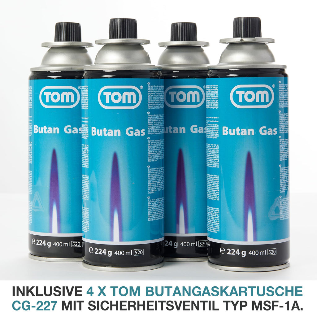 TOM Gasbrenner – Brenneraufsatz - Gaskartuschen mit Bajonettverschluss MSF-1A für Werkstatt, Garten, Küche & Co. – 1300°C – Piezozündung – Lötbrenner – Bunsenbrenner (Gasbrenner mit 4 Gaskartuschen)