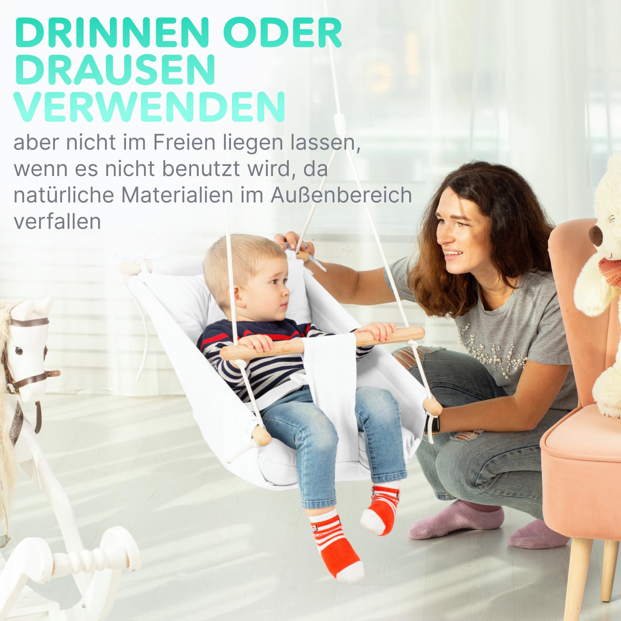 Leinwand Baby Hängematte Schaukel von Cateam - Hängende Schaukel aus Holz für Baby mit Sicherheitsgurt und Montageteilen. Baby Hängemattenstuhl Geburtstagsgeschenk. (Elfenbein)