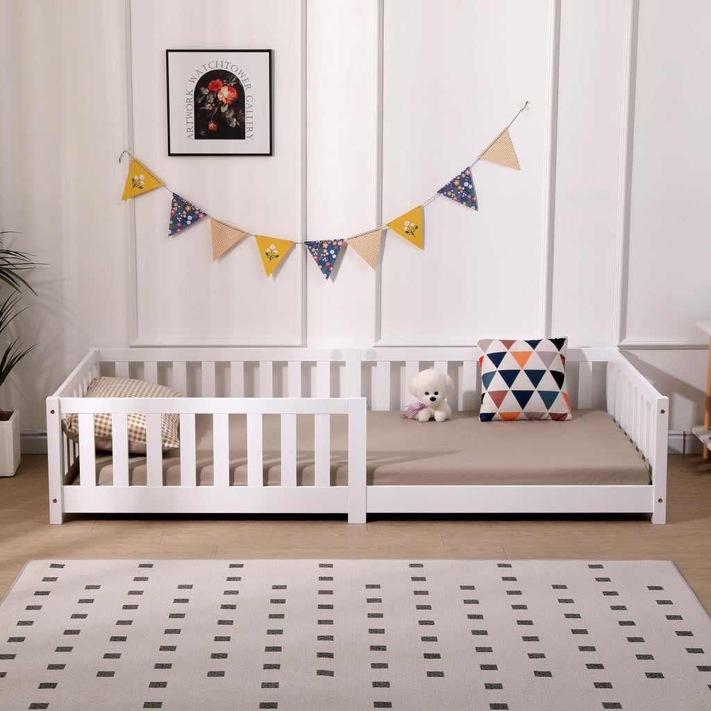 ecomi® Kinderbett 80x160 mit Rausfallschutz Bodenbett Kinder Bett mit Lattenrost für Kinder Kinderbetten für Mädchen und Jungen Massivholz Kiefer in Weiß