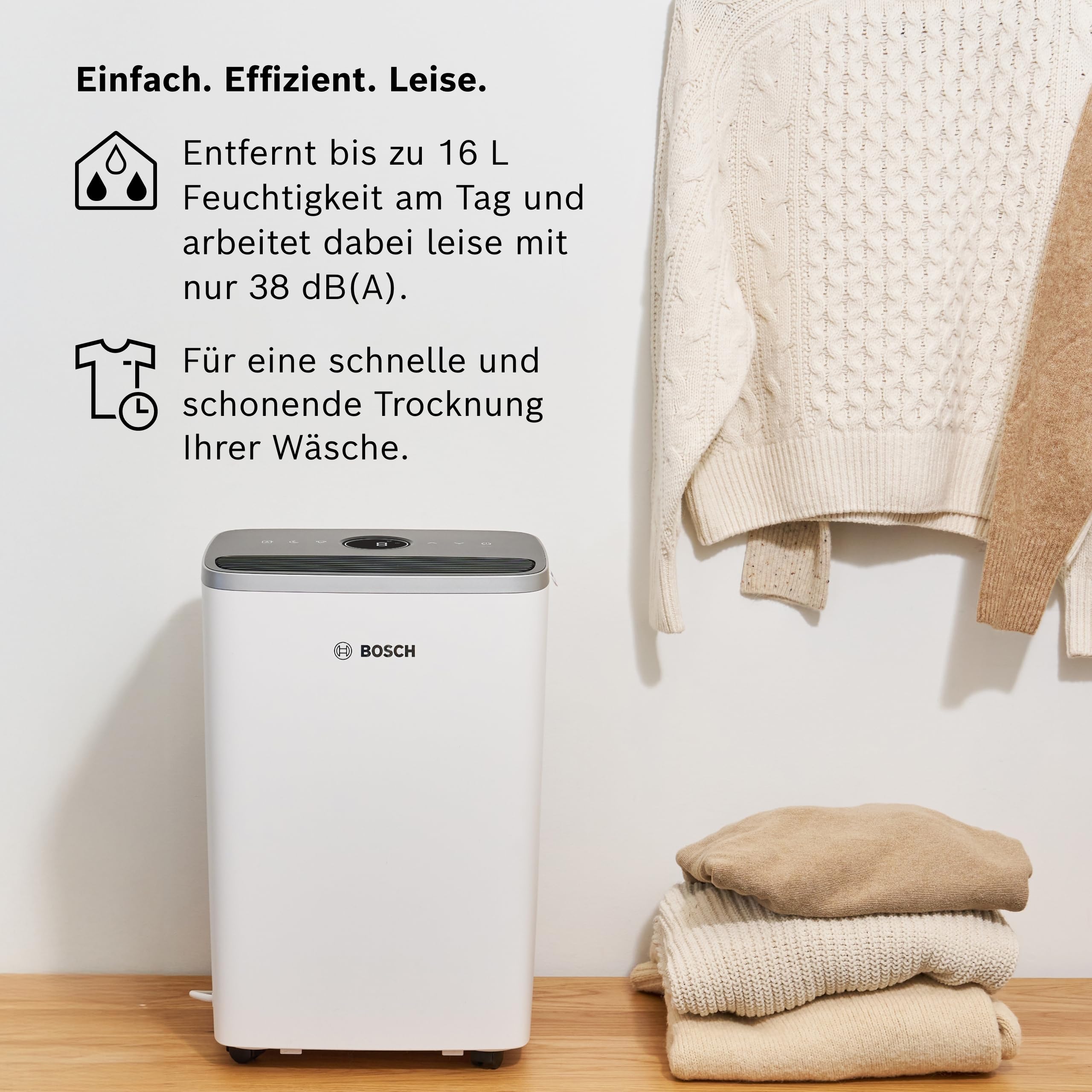 Bosch Dry 4000 Luftentfeuchter - Einfach. Effizient. Leise. - Für Räume bis zu 33 m² - Ideal für Deine Wohnung die schnelle Trocknung Deiner Wäsche